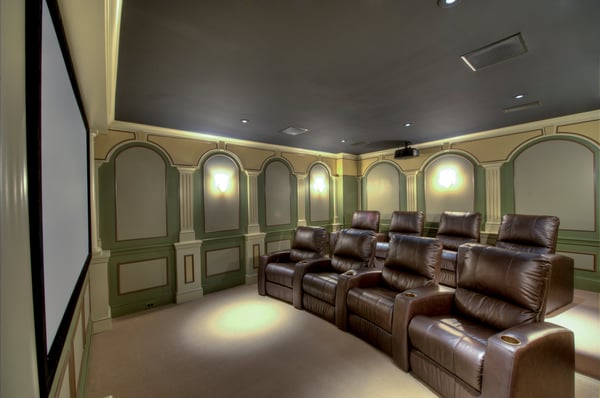 In home theatre room with two rows of recliners