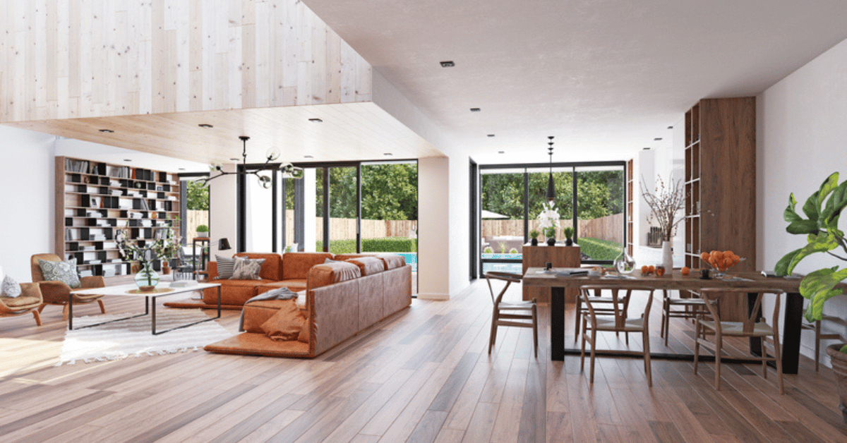 Open concept living and dining with connection to outdoor spaces