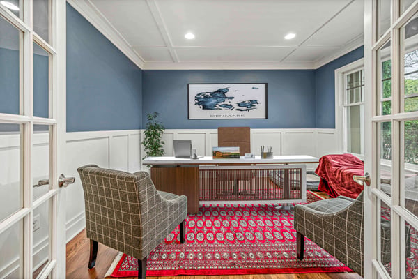 Home office conference room with coffered ceiling