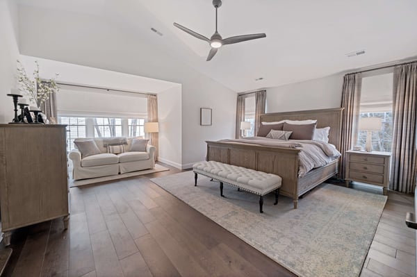 Ashburn bedroom with high ceiling and ceiling fan