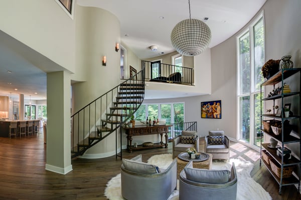 Black metal spiral staircase in home