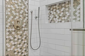 shower with unique brown tile