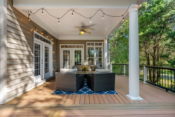 Covered deck remodel with twinkly string lights for Christmas