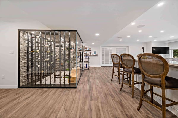 Temperature controlled wine cellar in basement with bar area