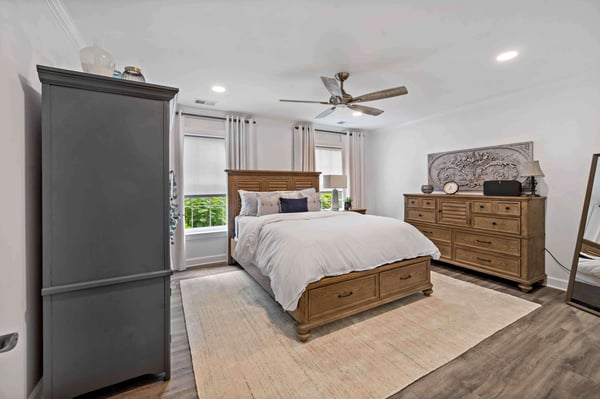 Eco friendly bedroom linens in modern bedroom with neutral and earthy tones