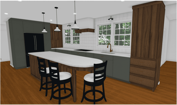 Renderings of ktichen remodle with green and brown cabinetry and kitchen island with seating