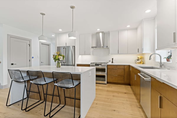 Modern, clean, minimalist kitchen with island seating