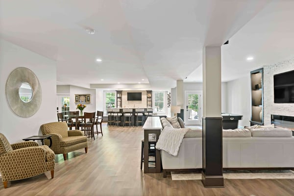 Open spacious basement with bar and entertainment space
