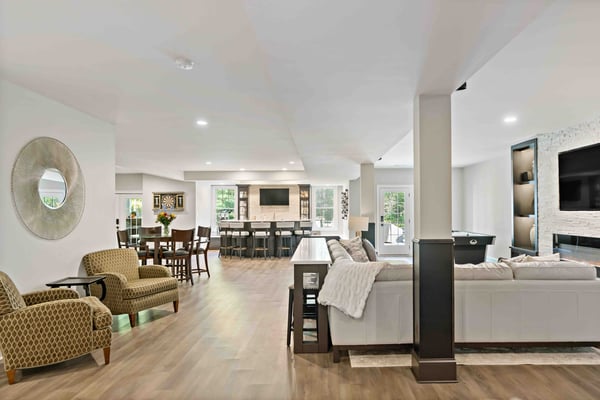 Open spacious basement with lots of seating throughout