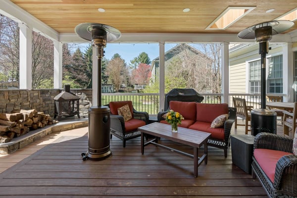 Backyard covered patio with skylight windows
