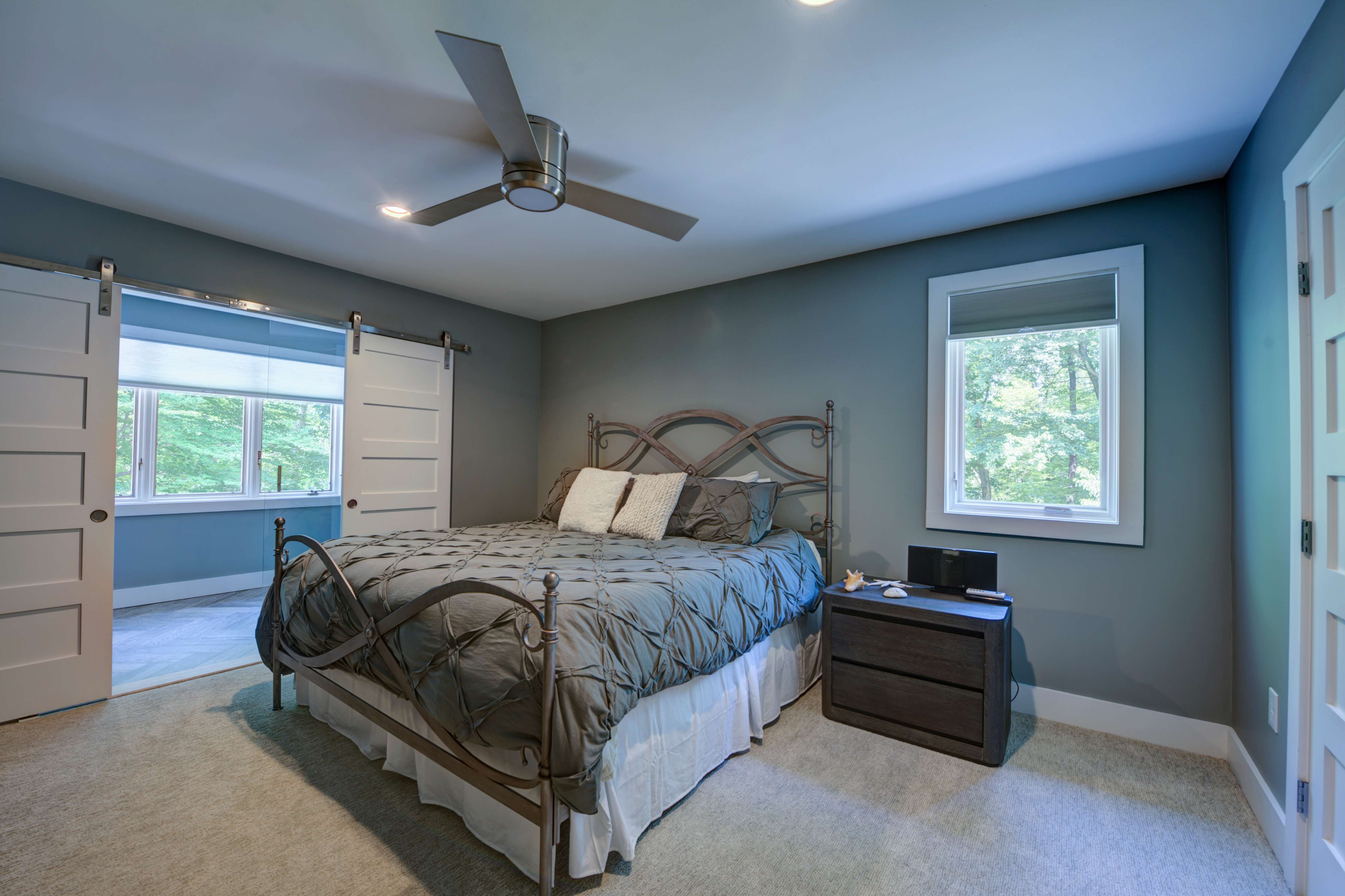Dark bedroom with carpet and sliding barn doors