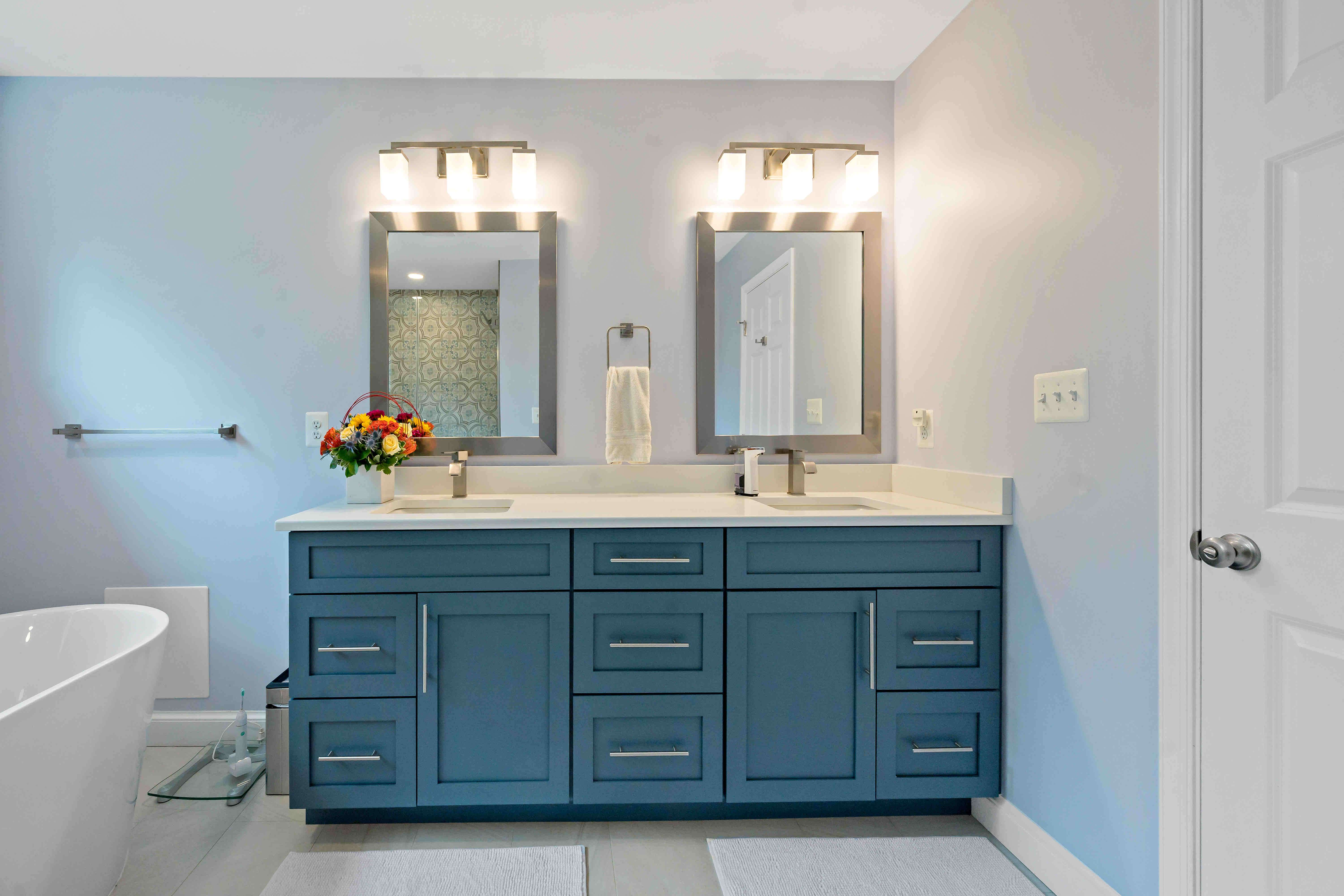 Double sink and mirror in full blue bathroom