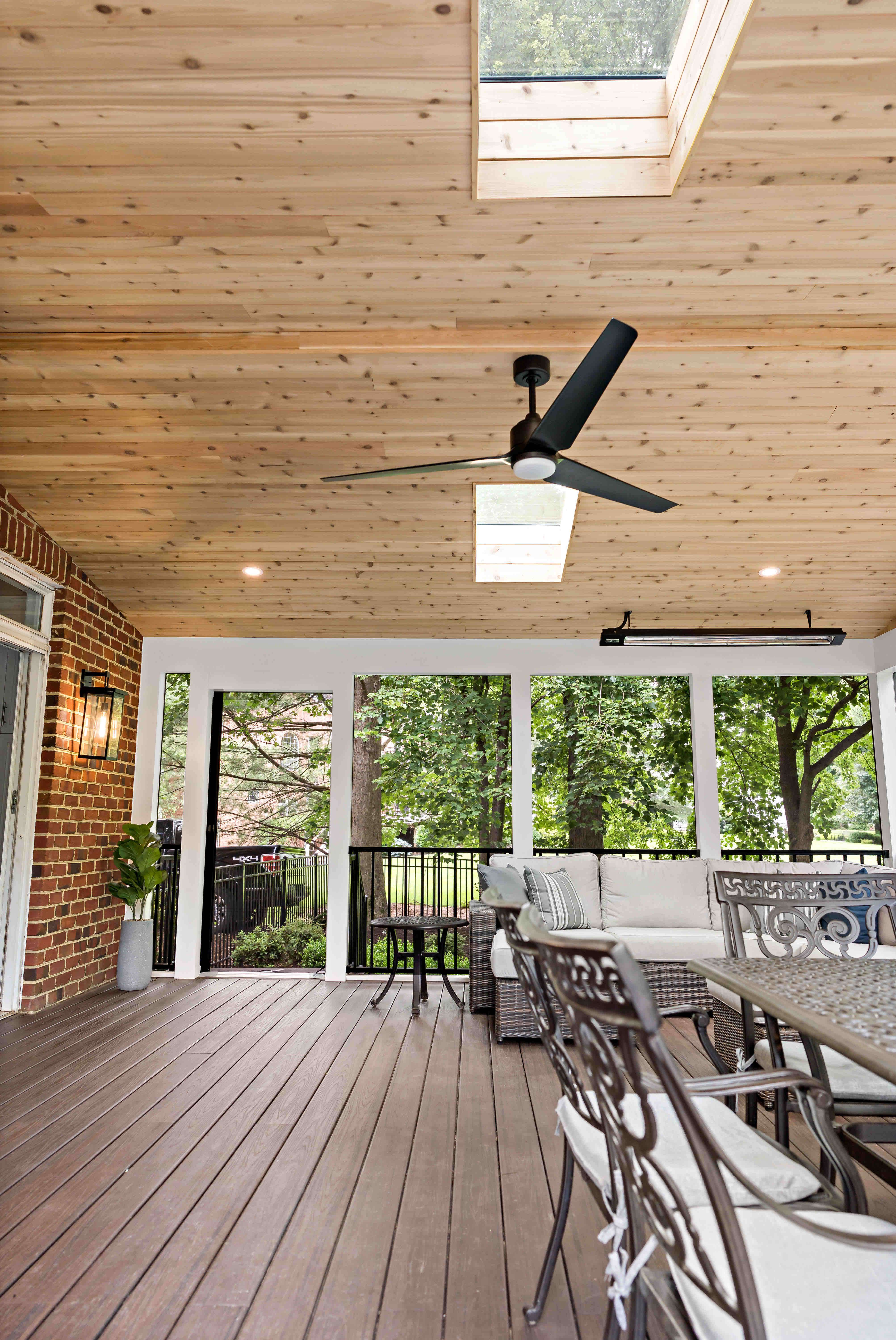 Screened porch with hard wood floors and ceiling