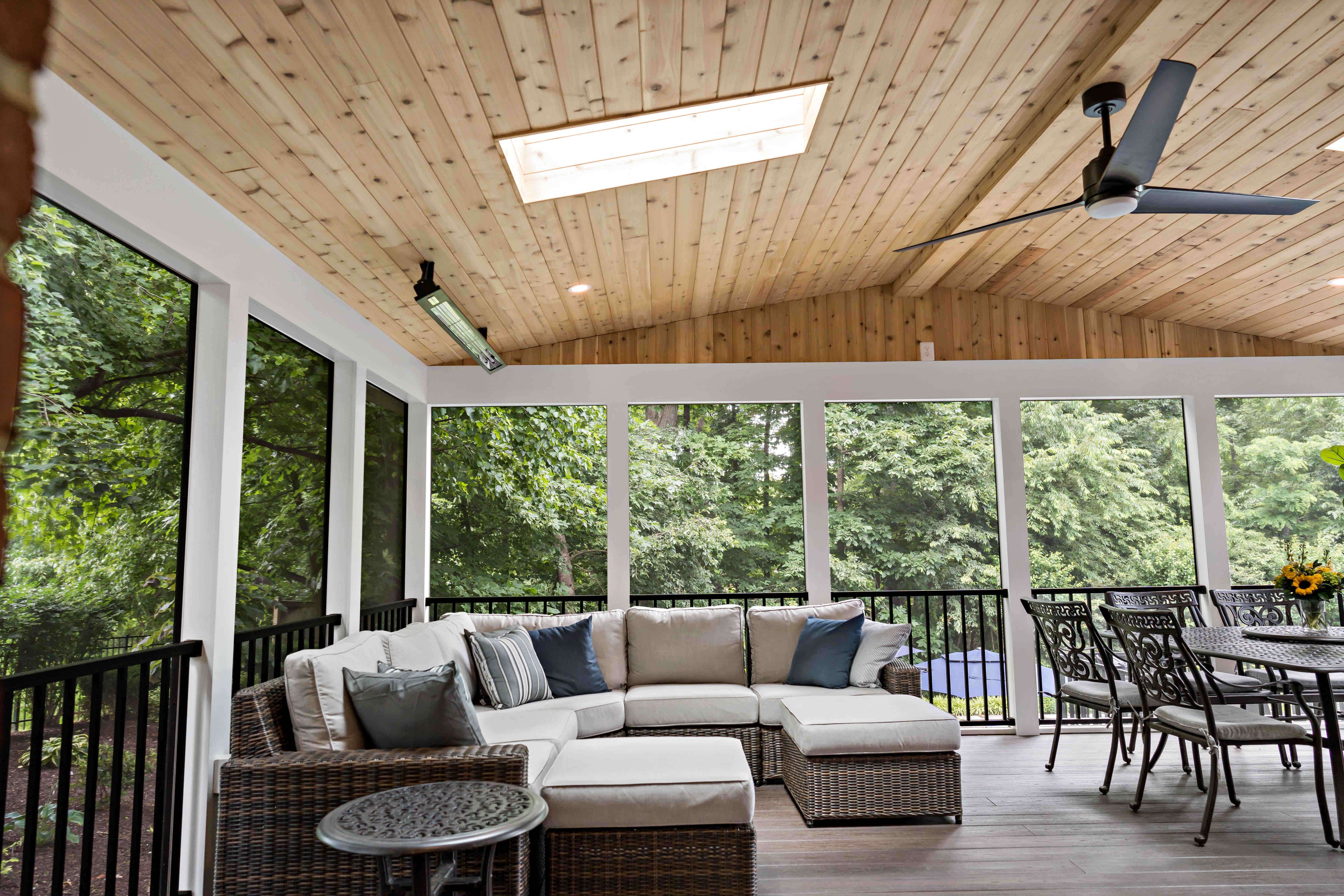 Slight cathedral ceiling on screened porch with ceiling fan