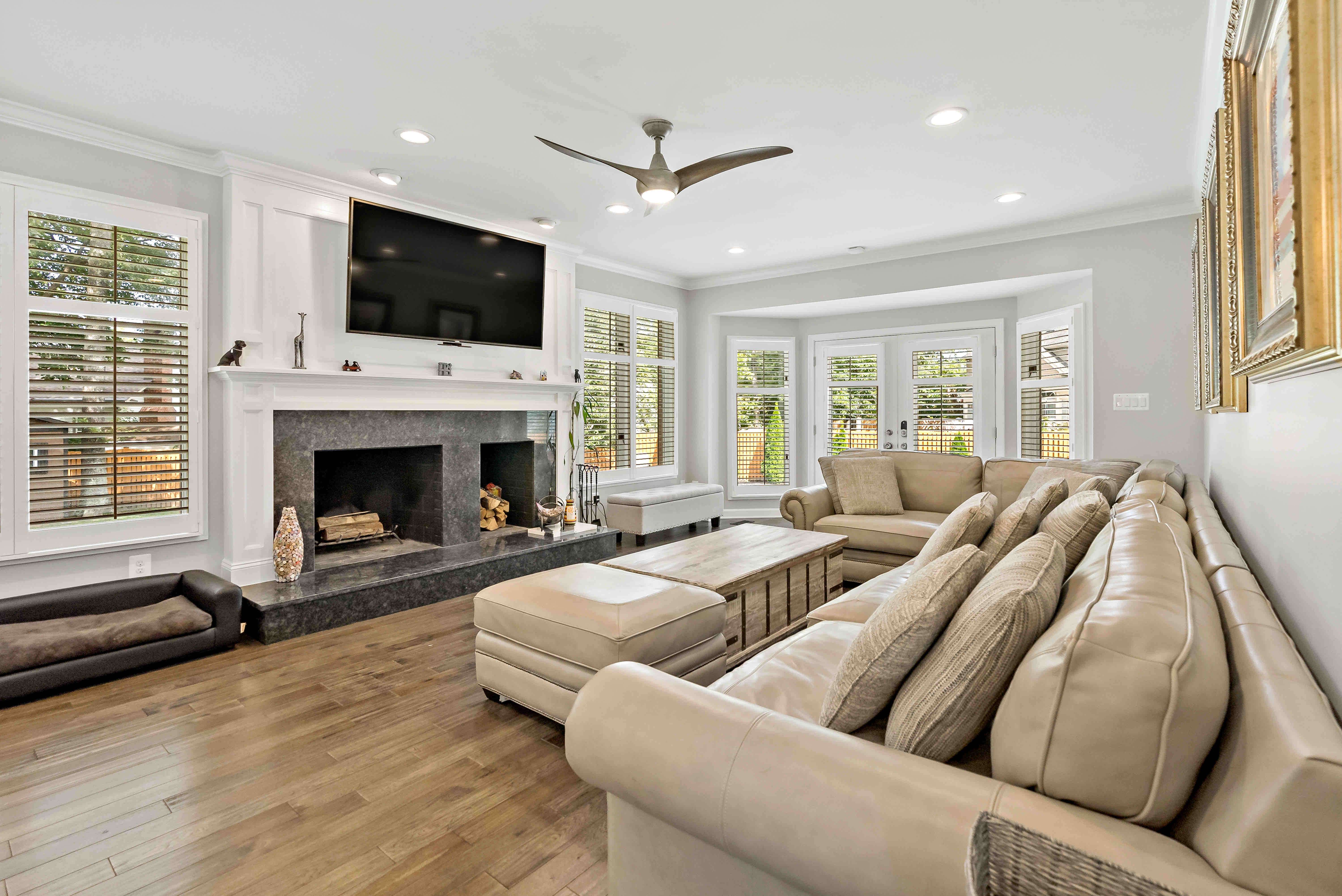 Living room with fireplace and hardwood floors