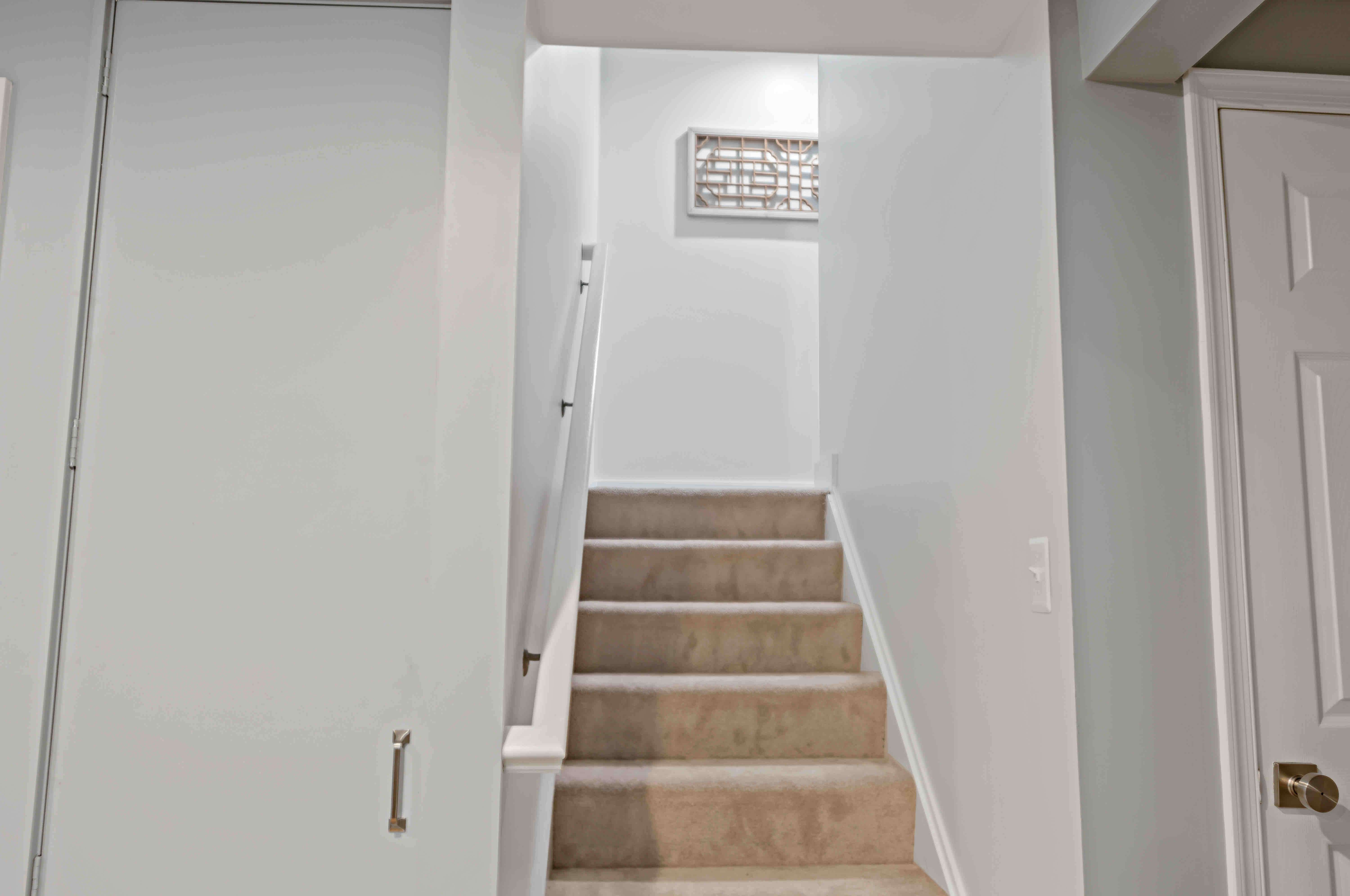 Beige carpeted stairs leading to the basement