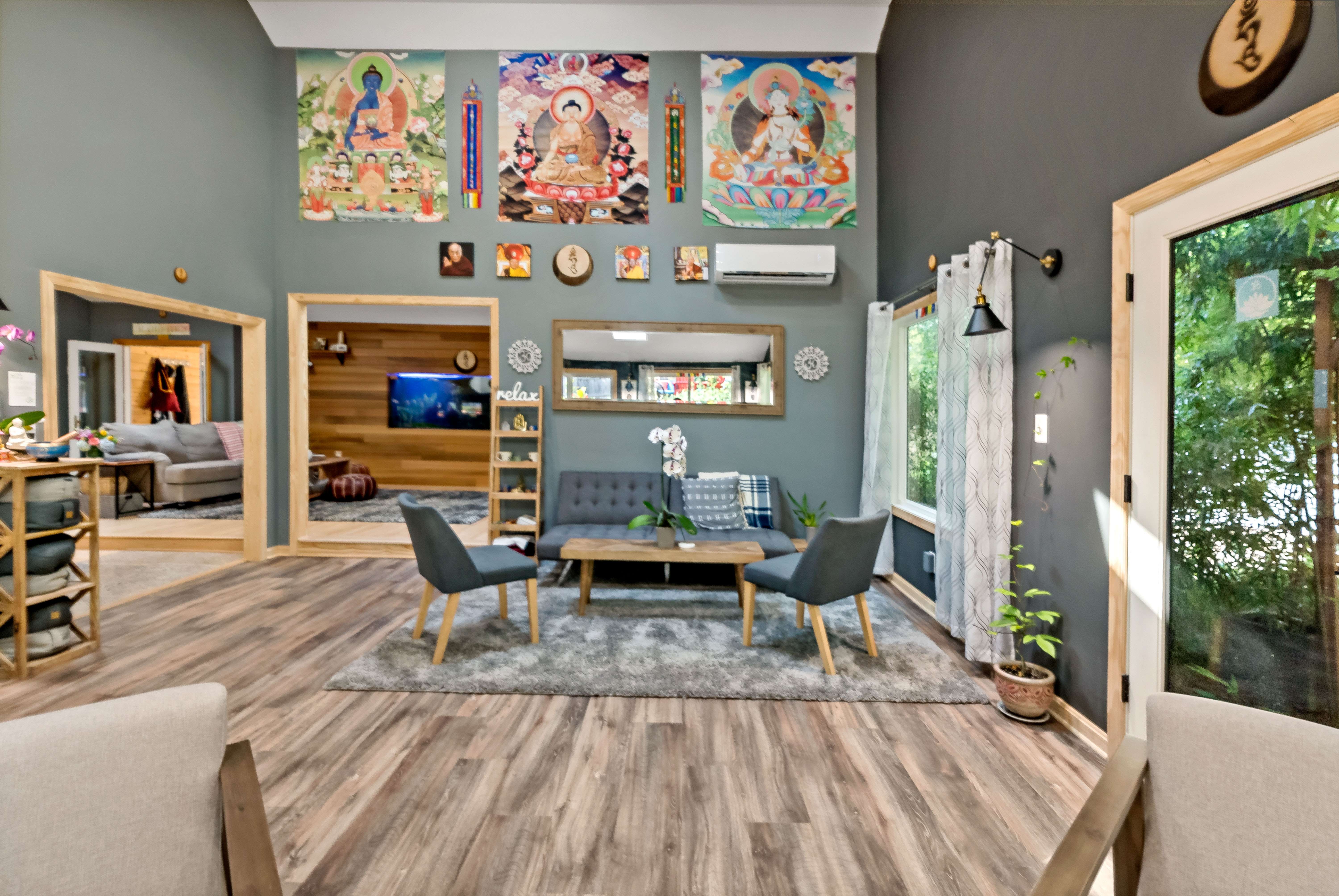 Artwork on walls of large open room