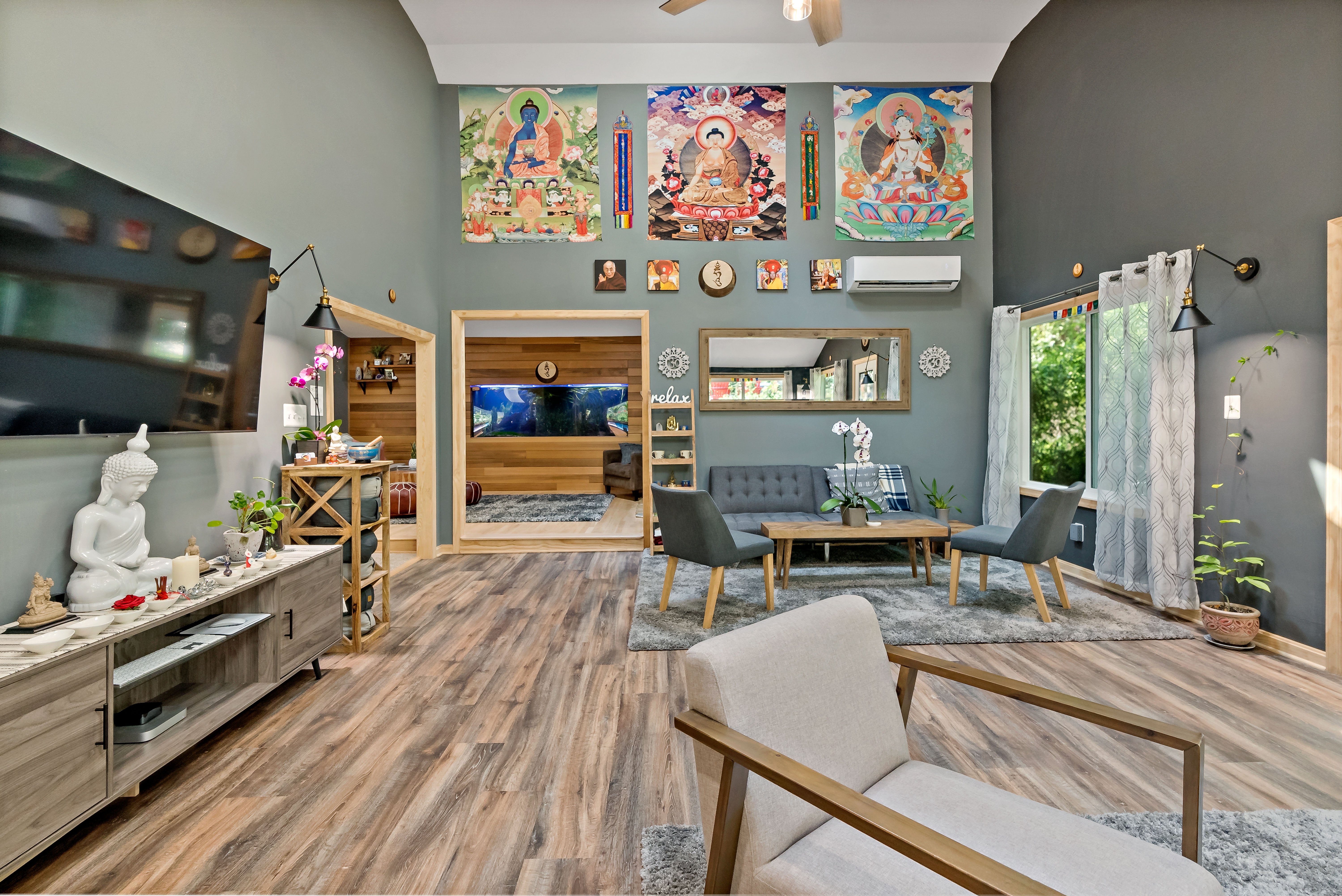 Multiple color wood floor in meditation room