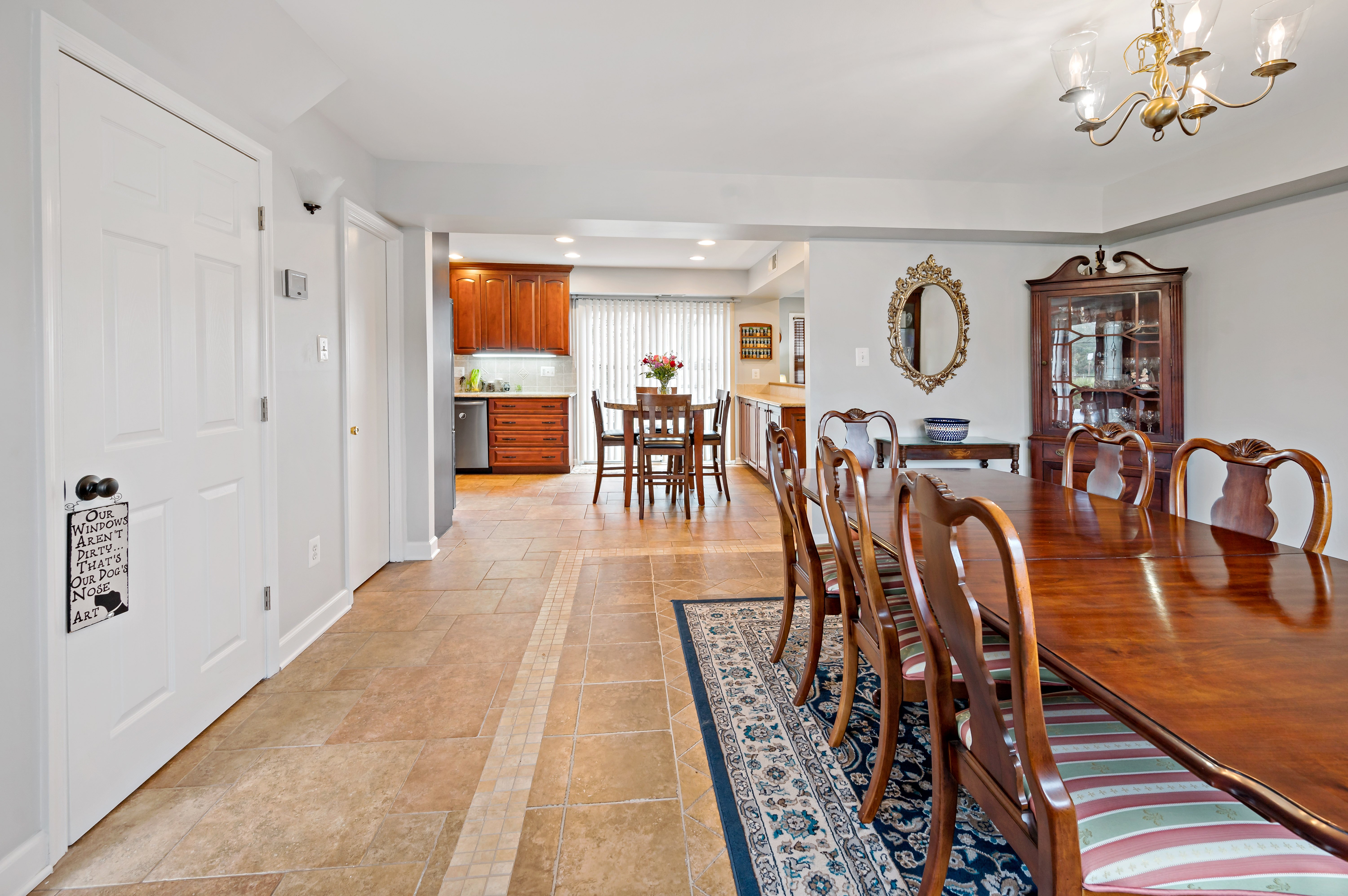Dining room with beige flooring