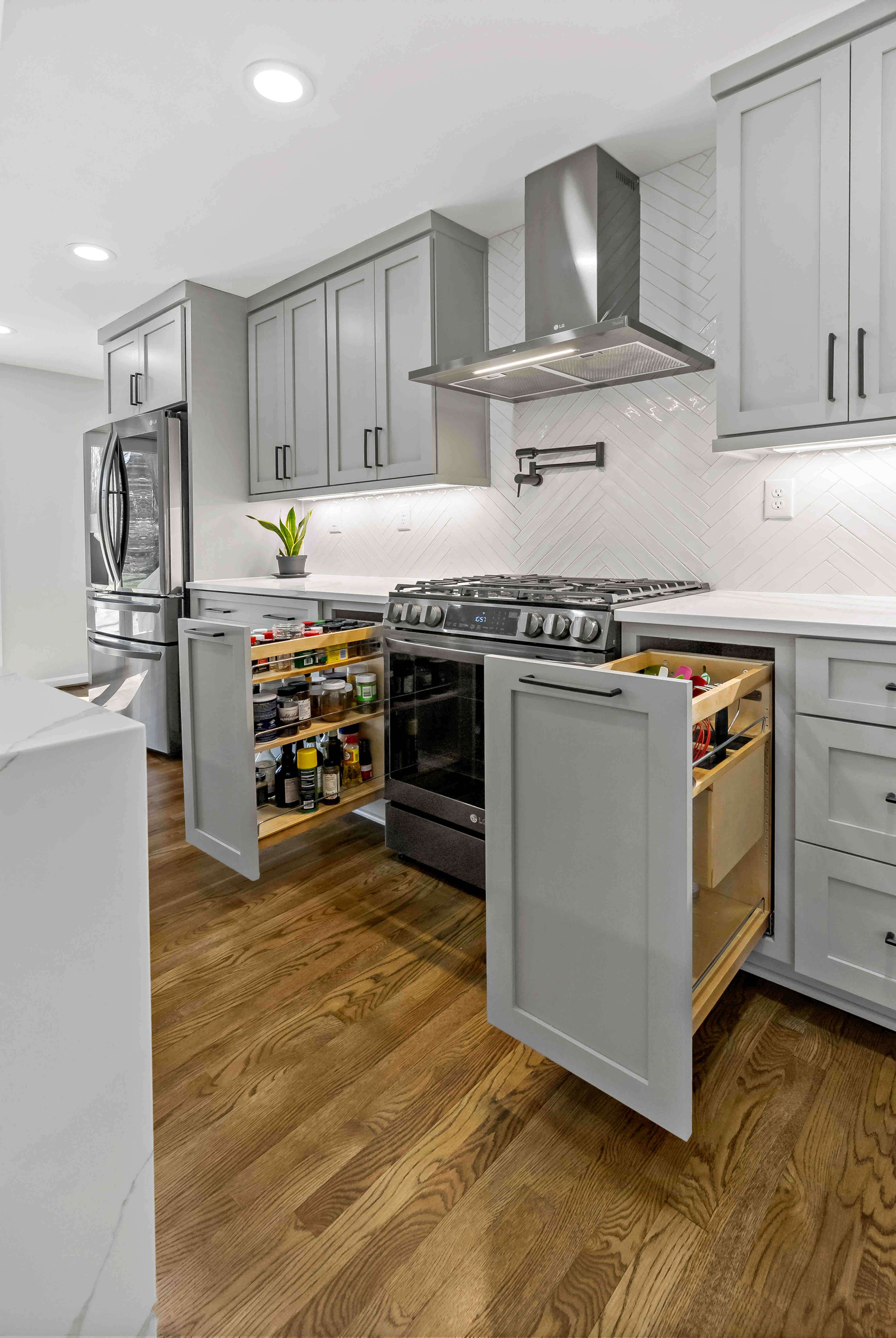Unique pull-out kitchen cabinets for storage by stove
