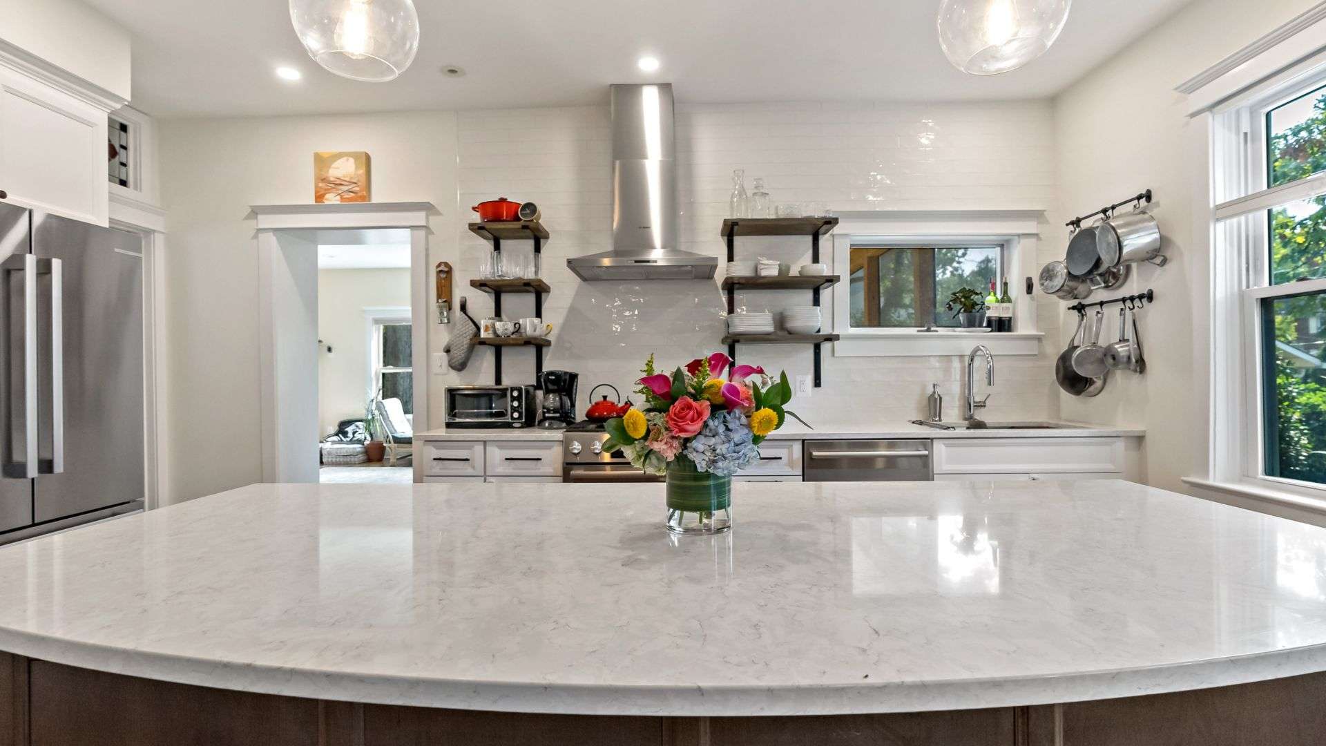 White marble countertop on kitchen island