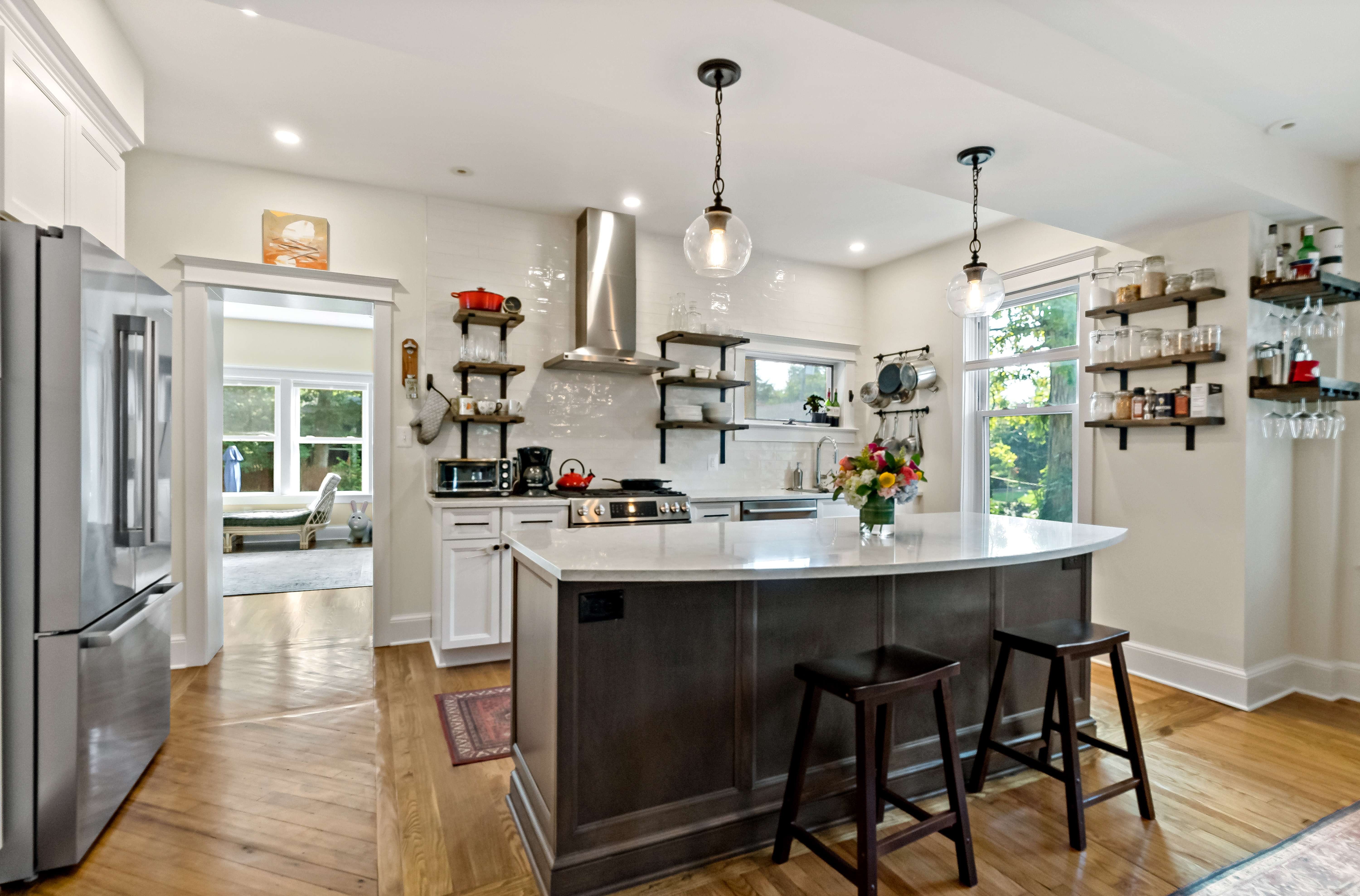 Modern kitchen remodel with rectangular kitchen island and seating