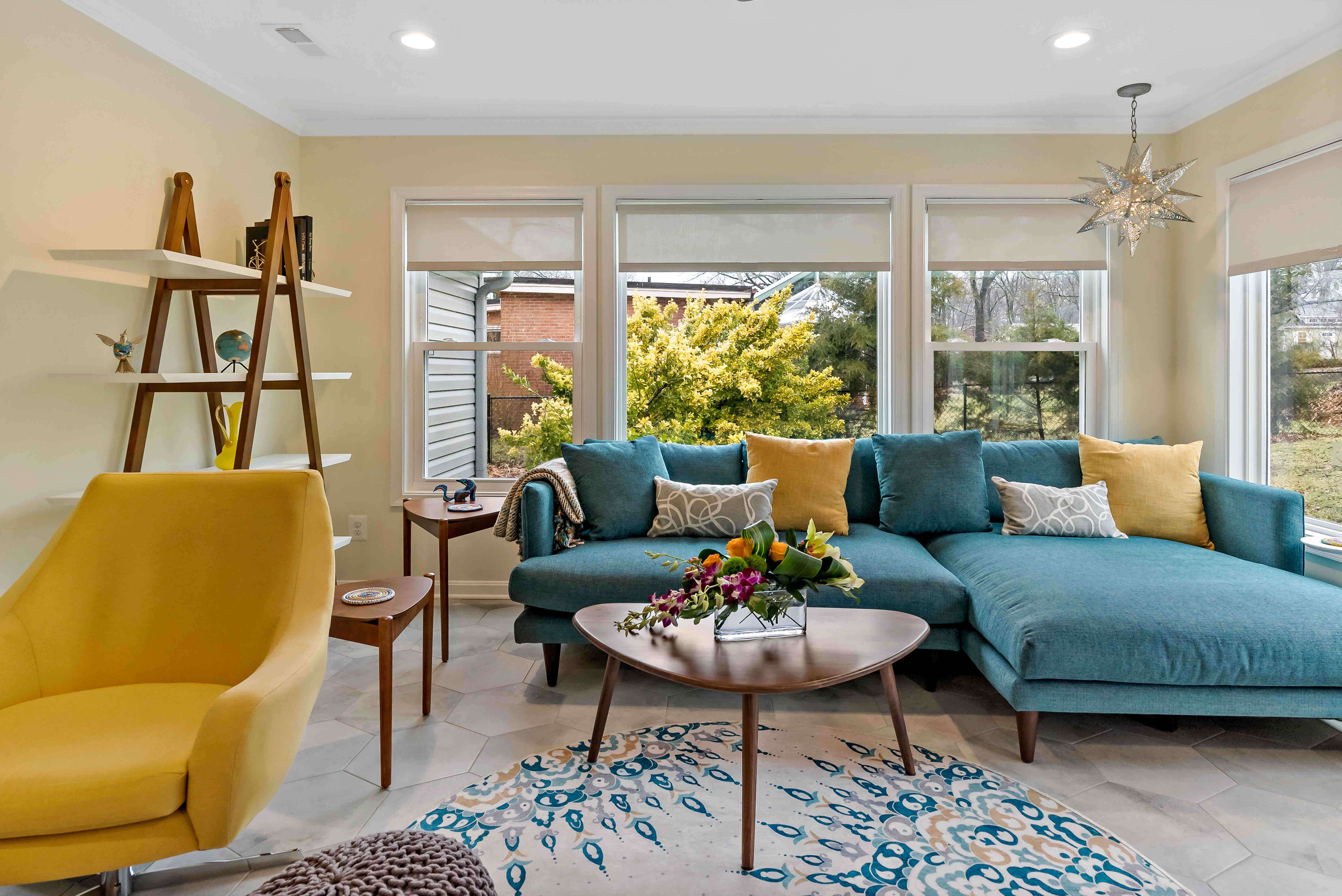 Window treatments with white trim around ceiling