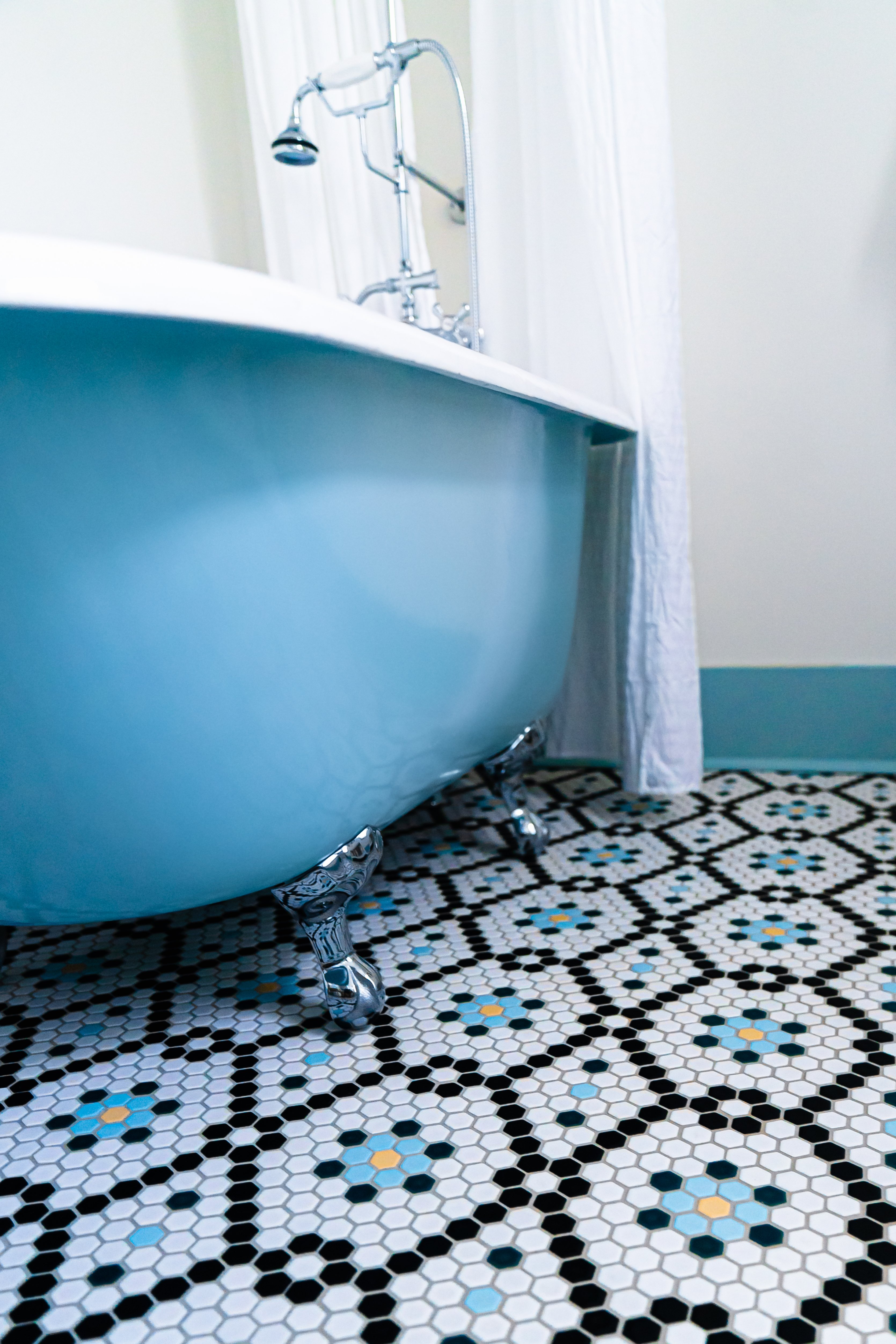 Blue white and black bathroom floor tile