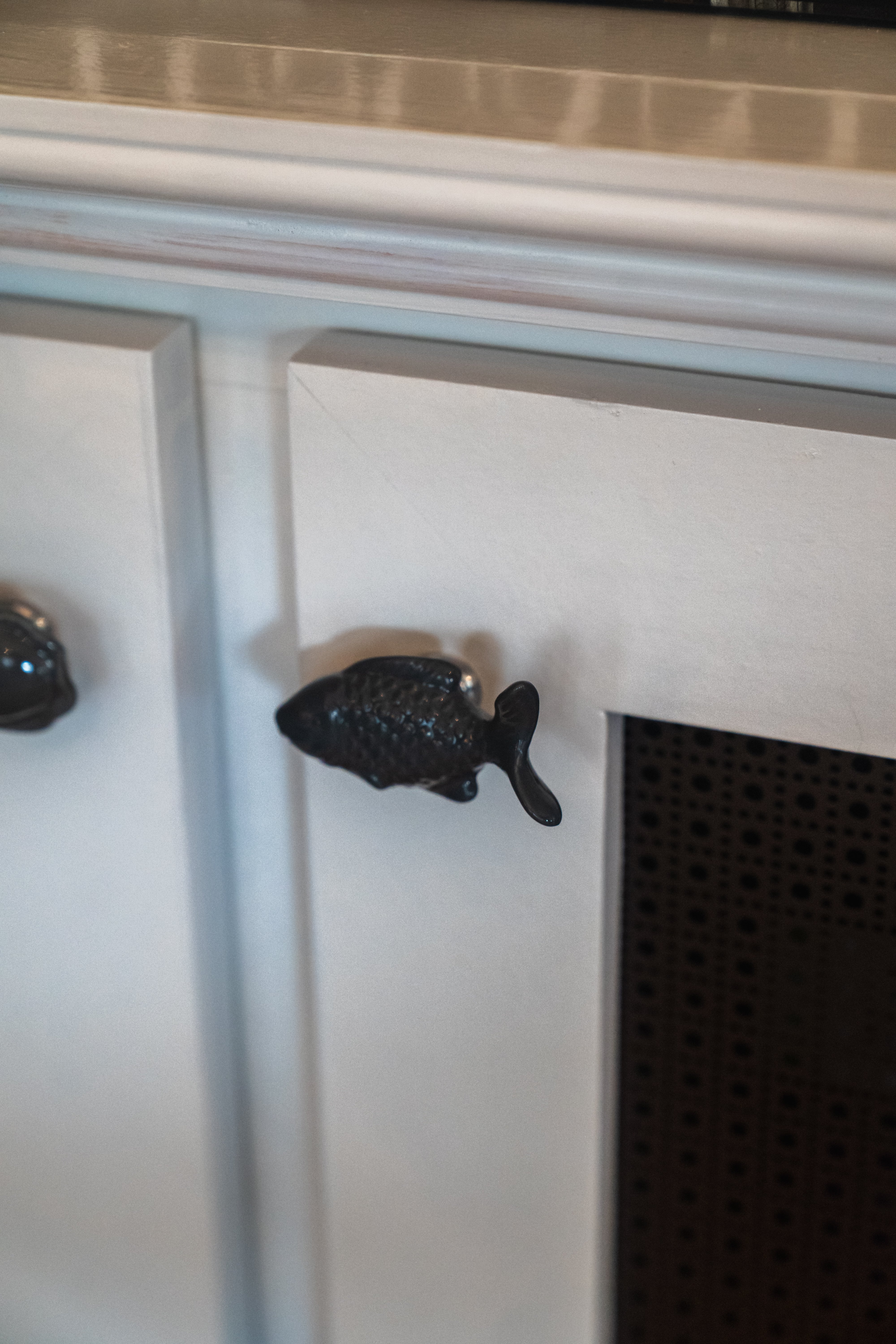 Black fish handle fixture on cabinet