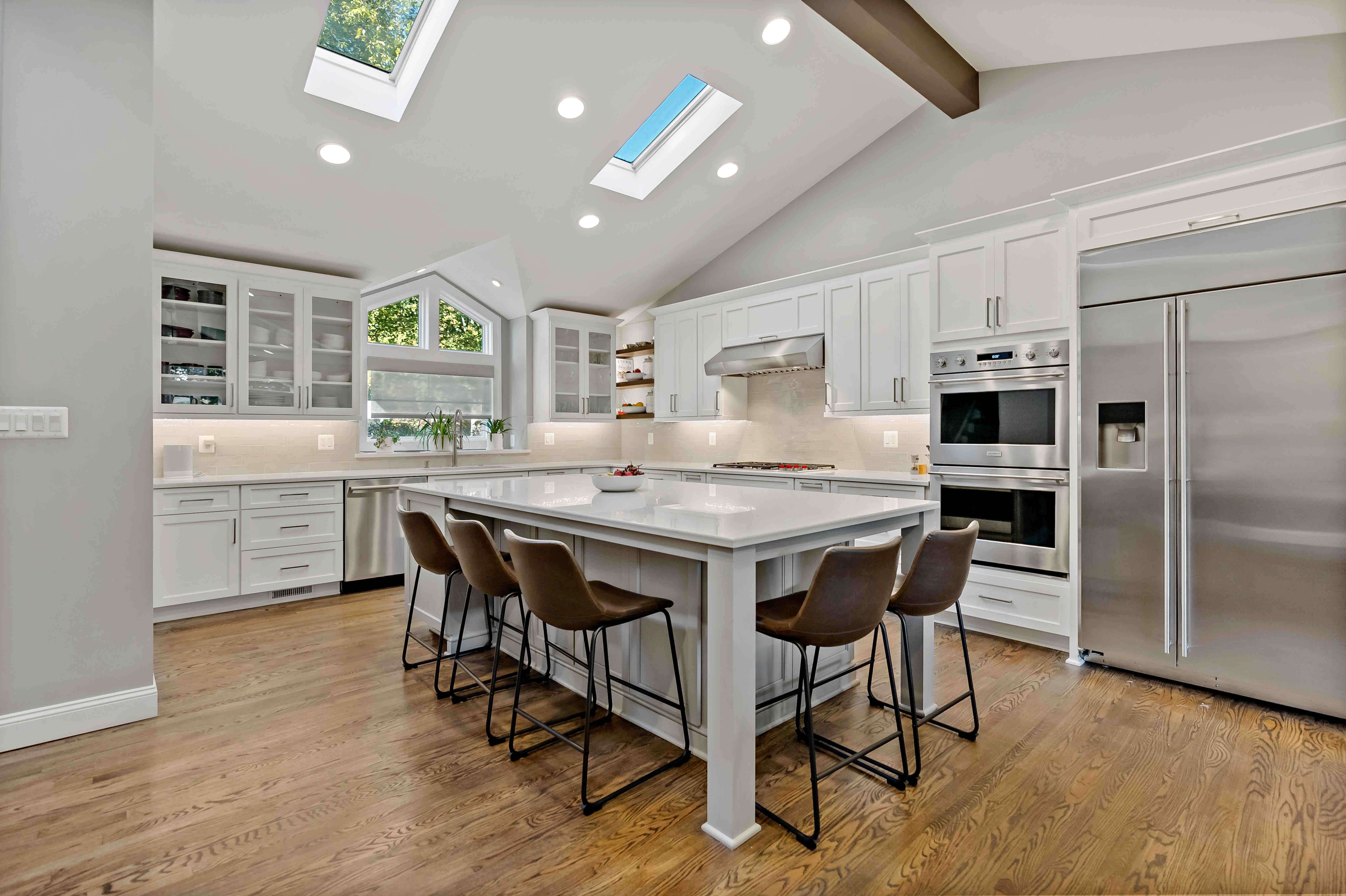 Island seating on two sides of kitchen island