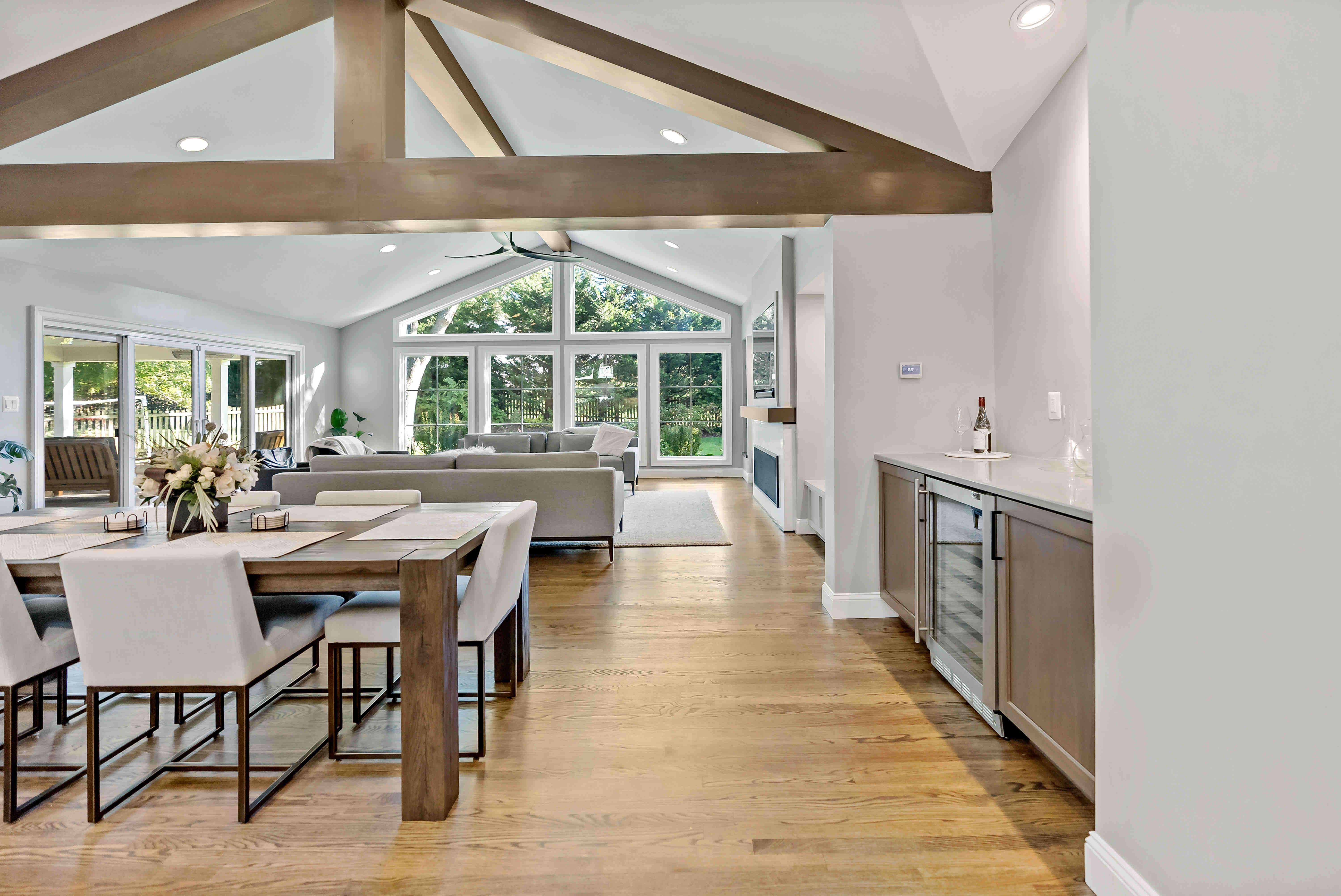 Open concept of kitchen area connected to dining room and living room