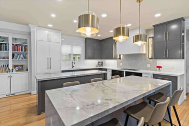 McLean kitchen with two islands and grey cabinets