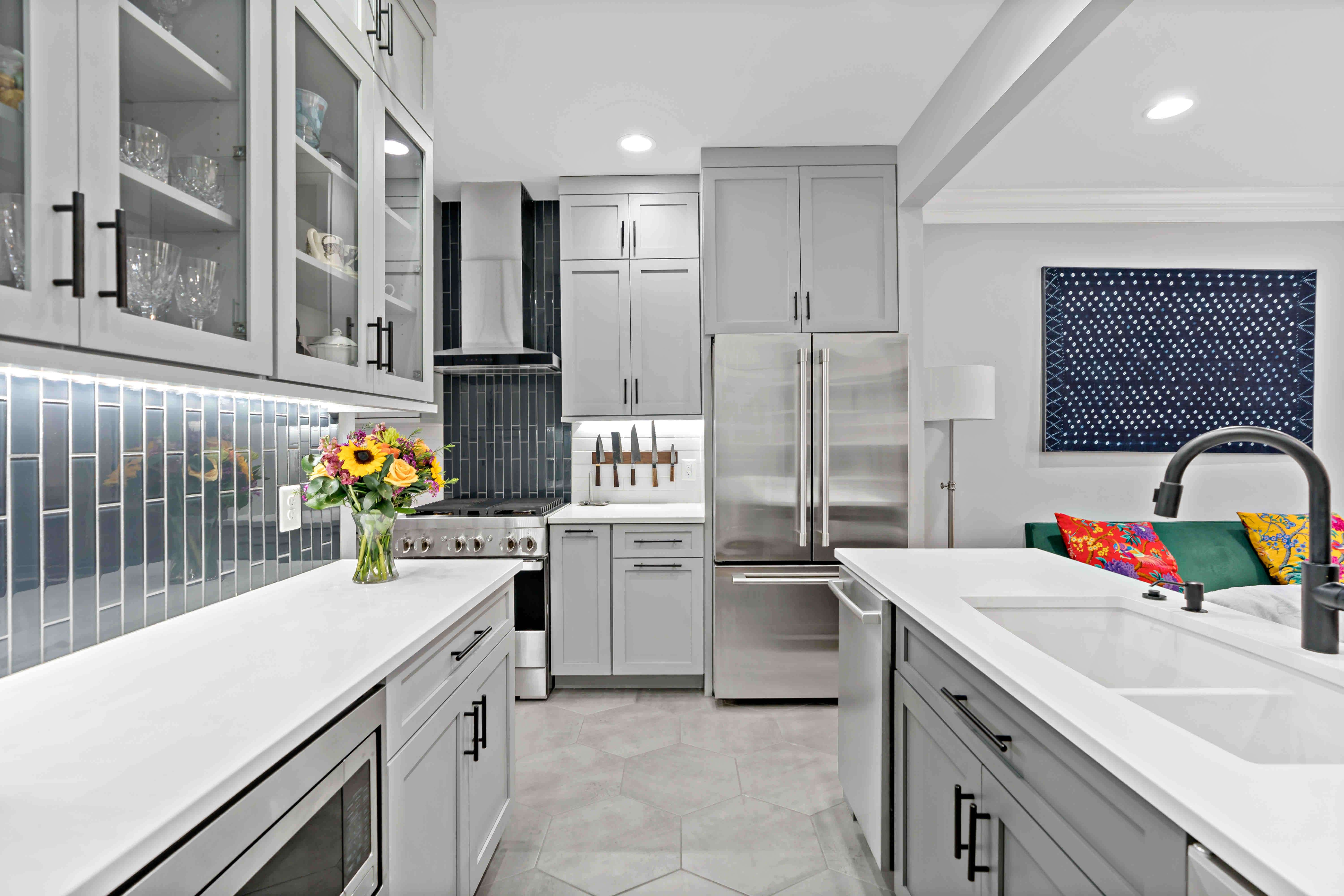 Light grey tile floor in Arlington kitchen
