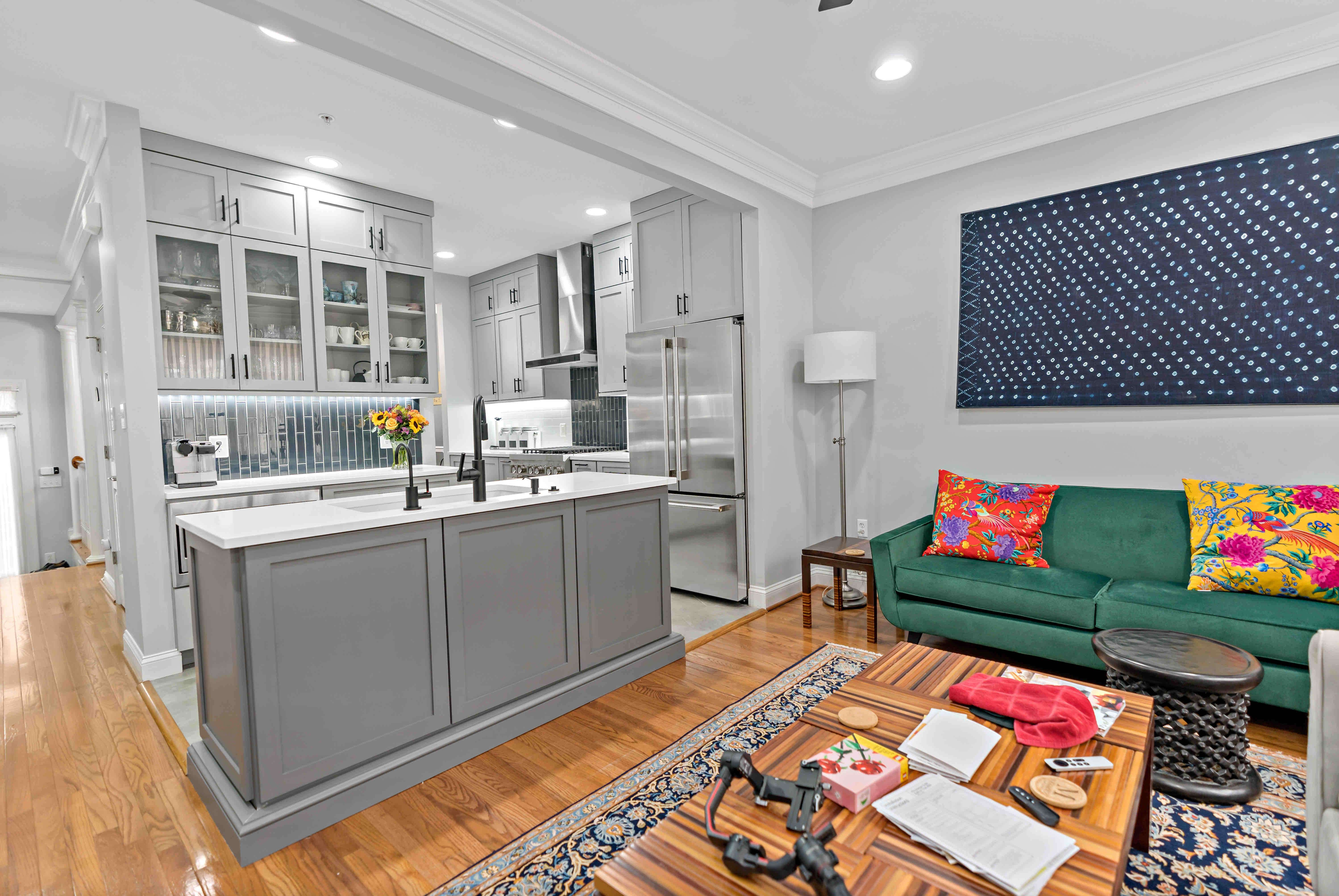 Kitchen leading to living room in an open concept floor plan