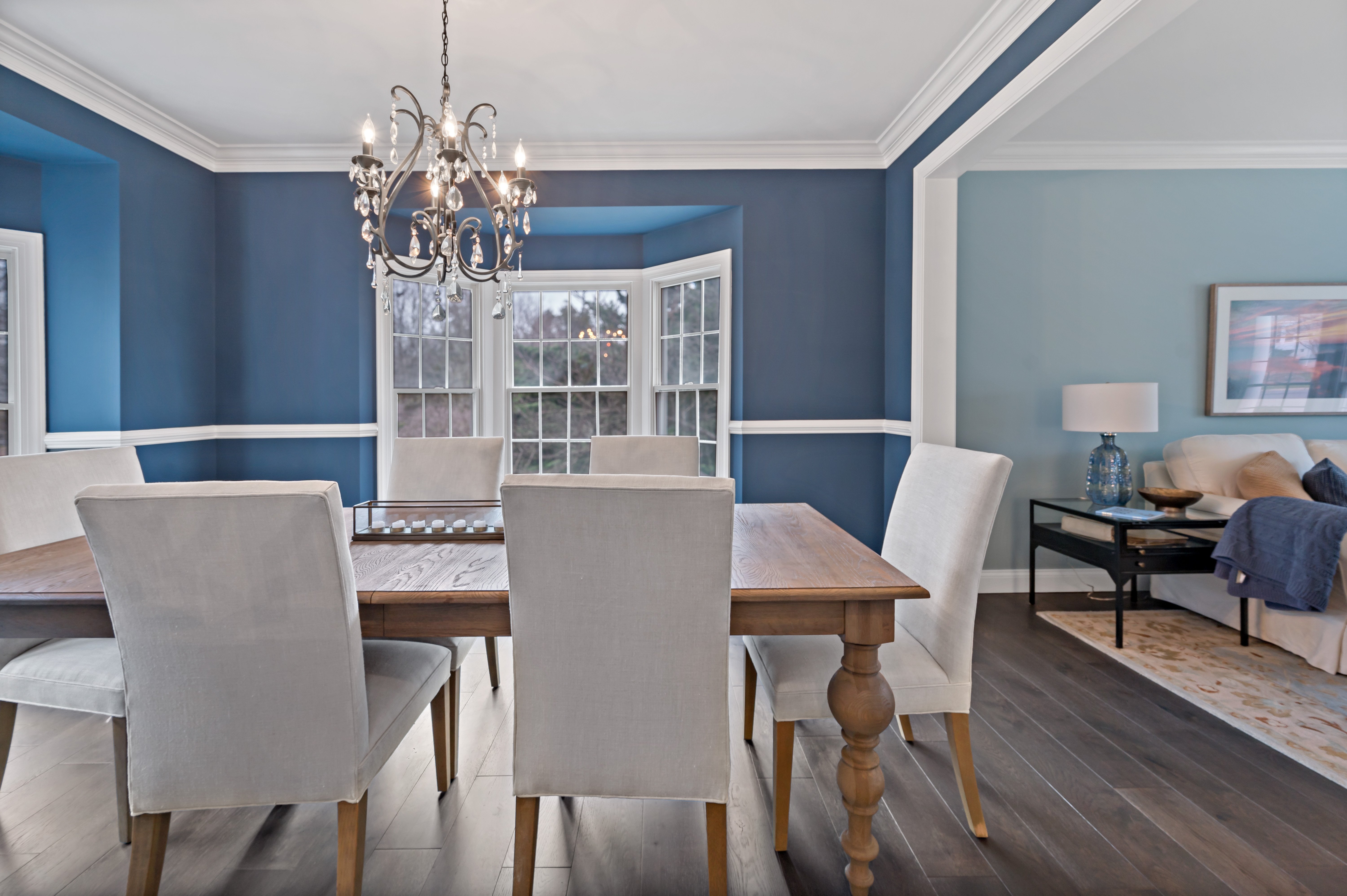 Dining room with dark blue walls