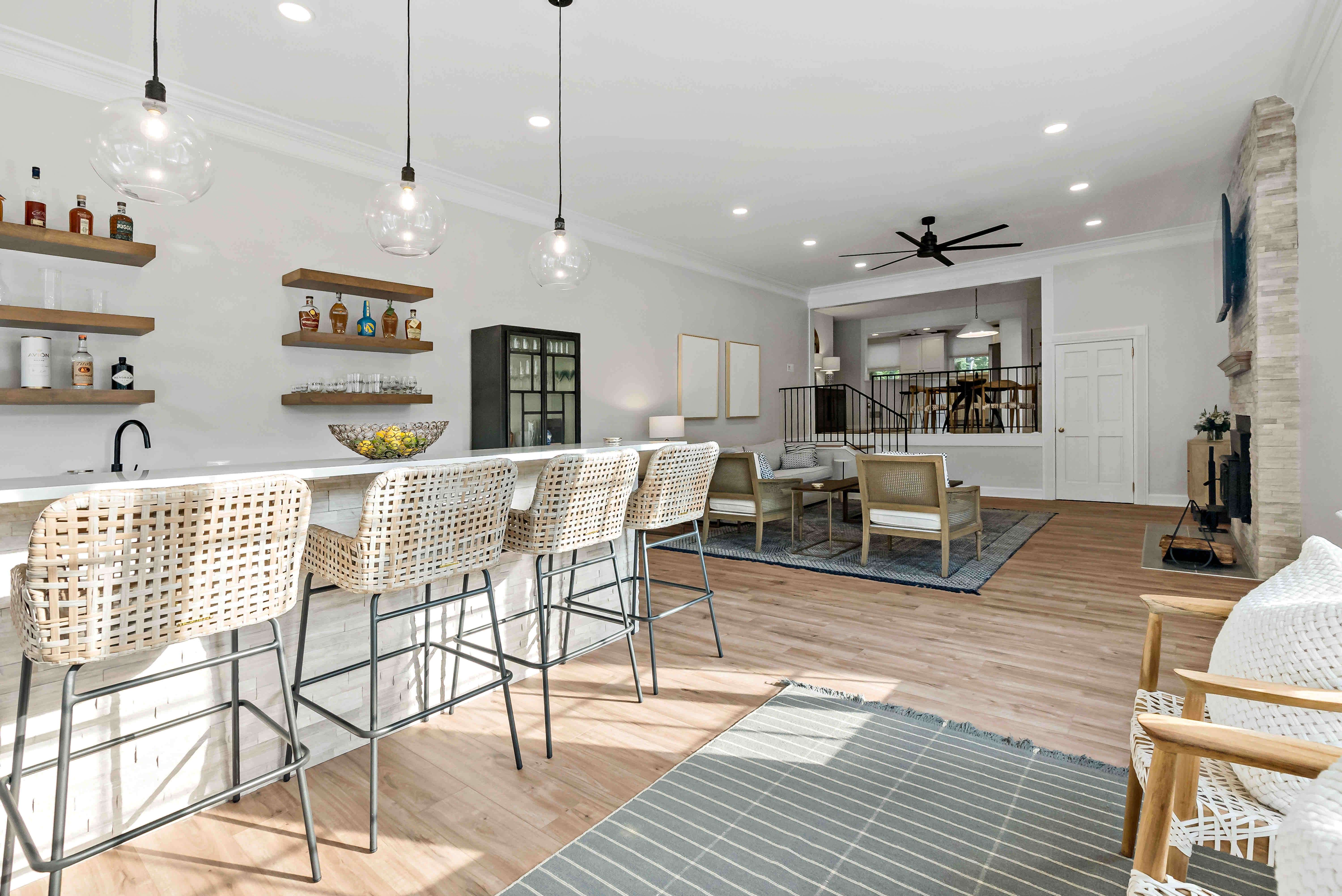 Open and spacious living room and bar area