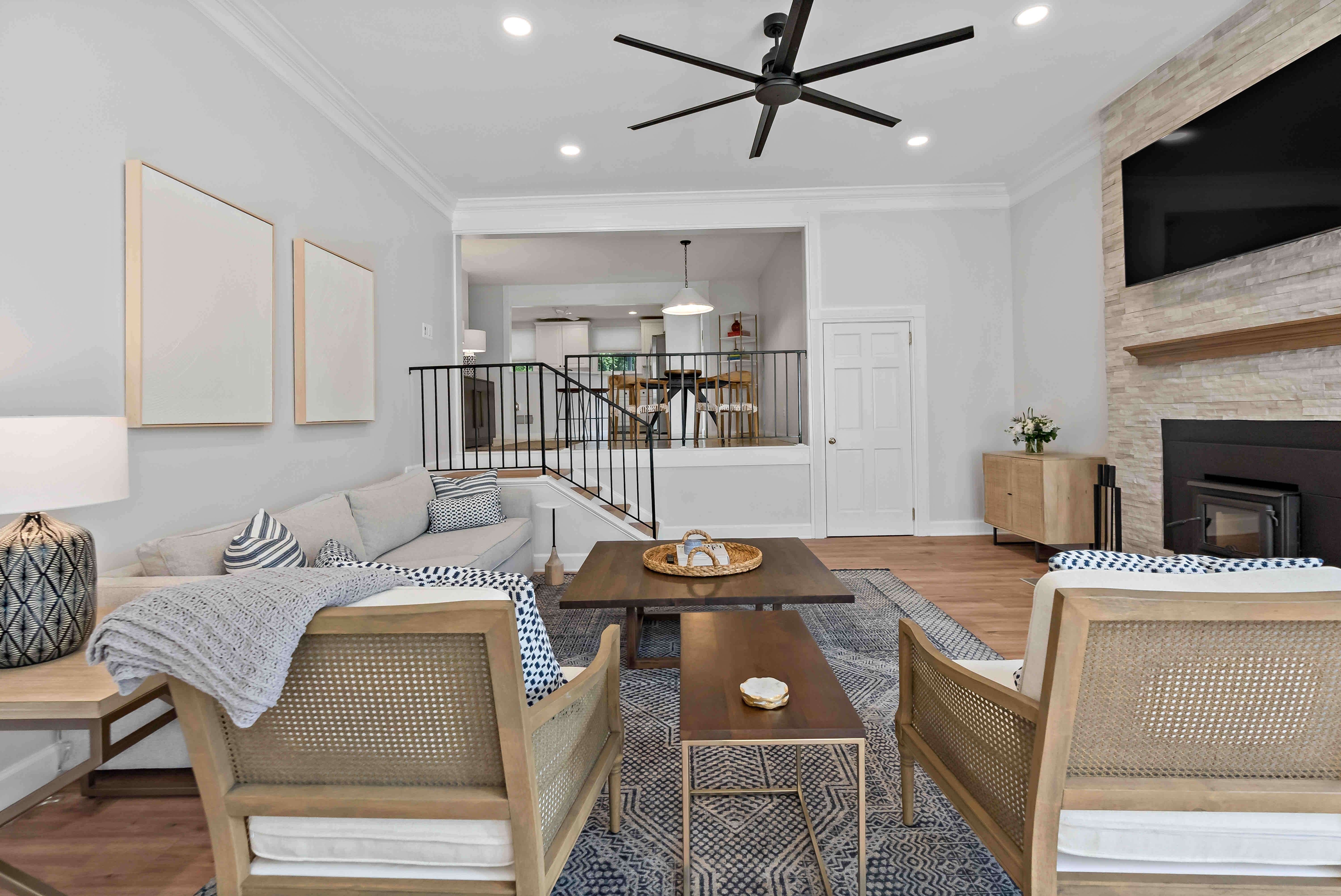 Modern living room with ceiling fan