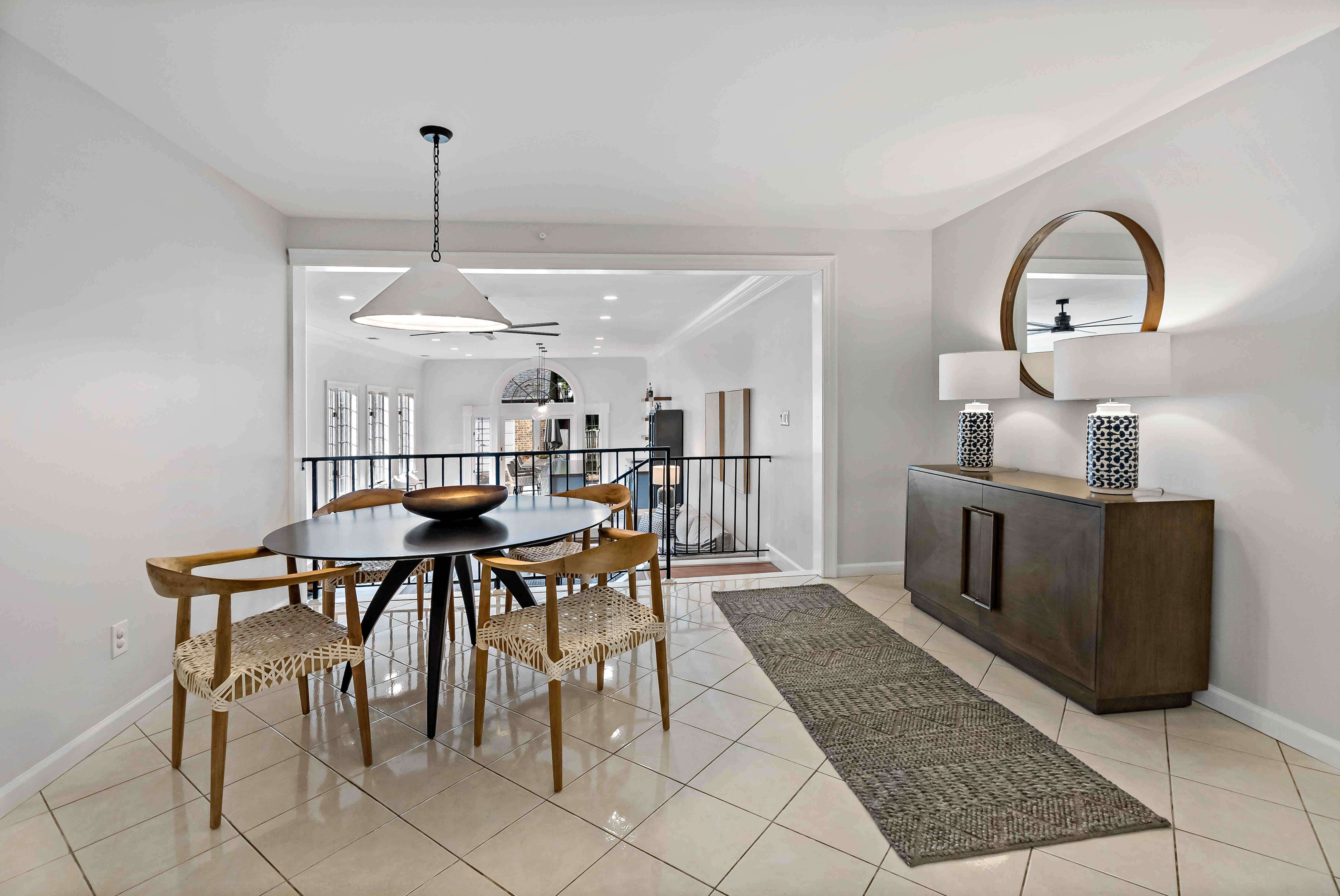 Dining room area with triangle chandelier