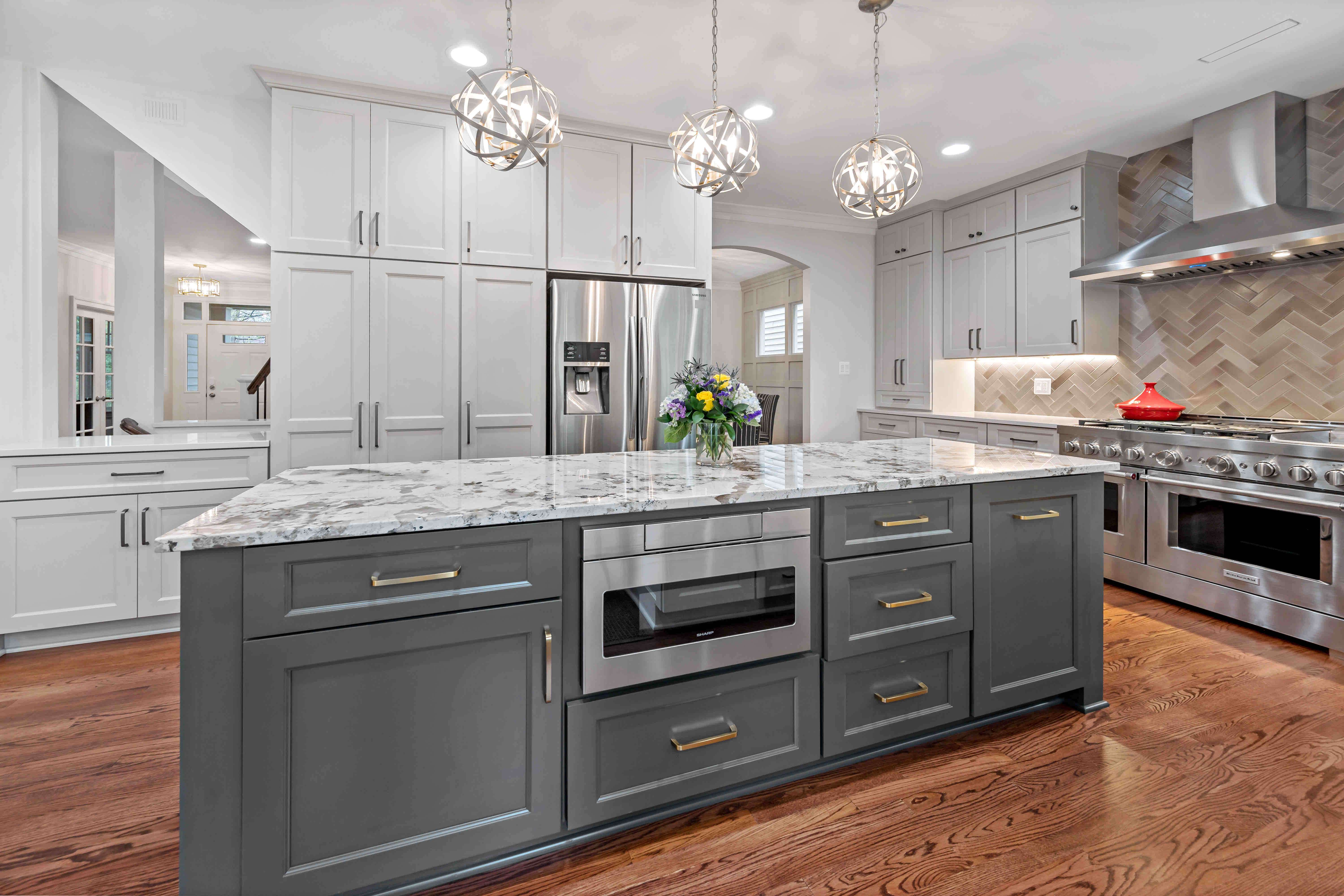 Dark grey kitchen island cabinets accent