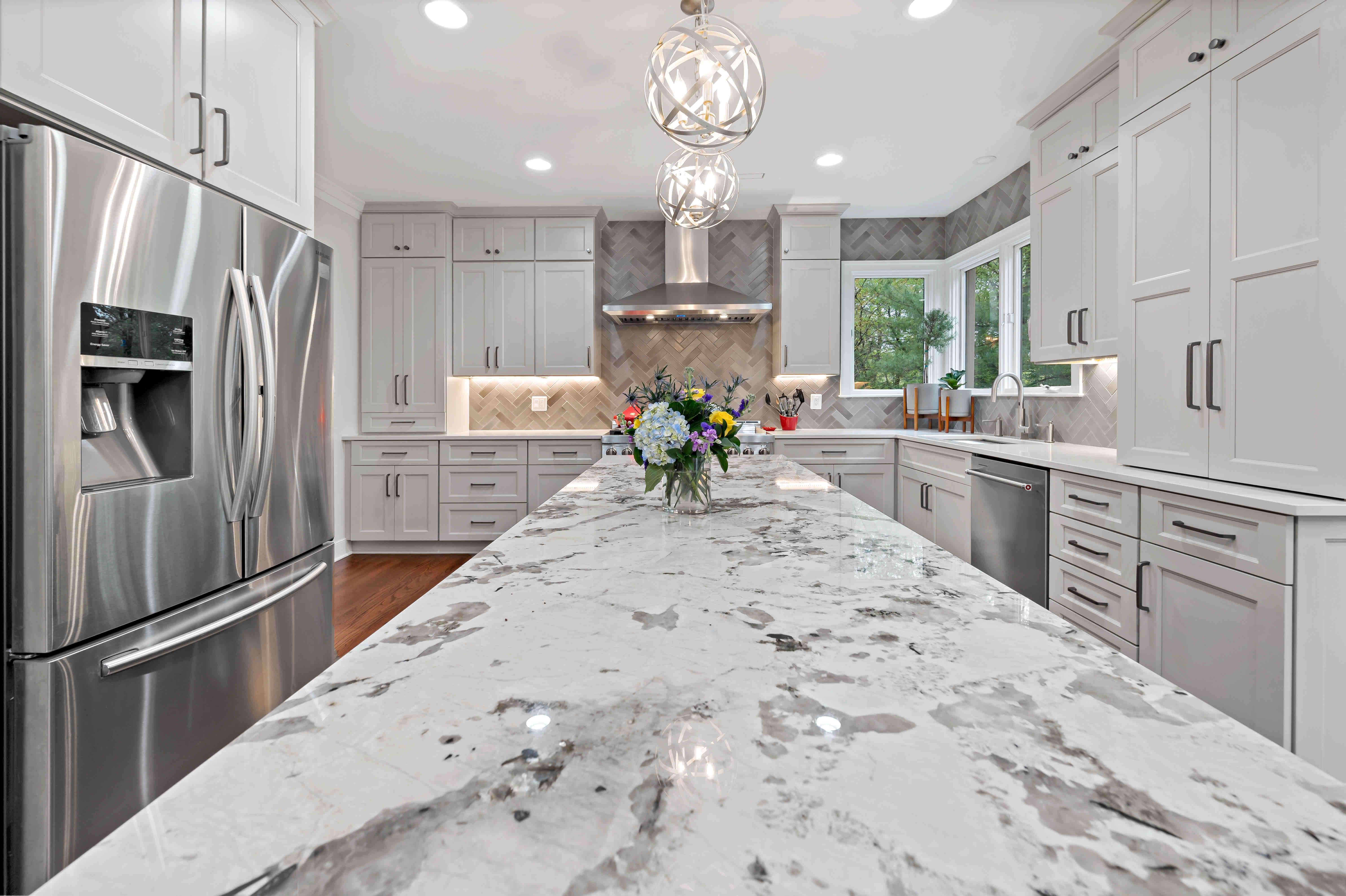Marble kitchen island countertop black and white