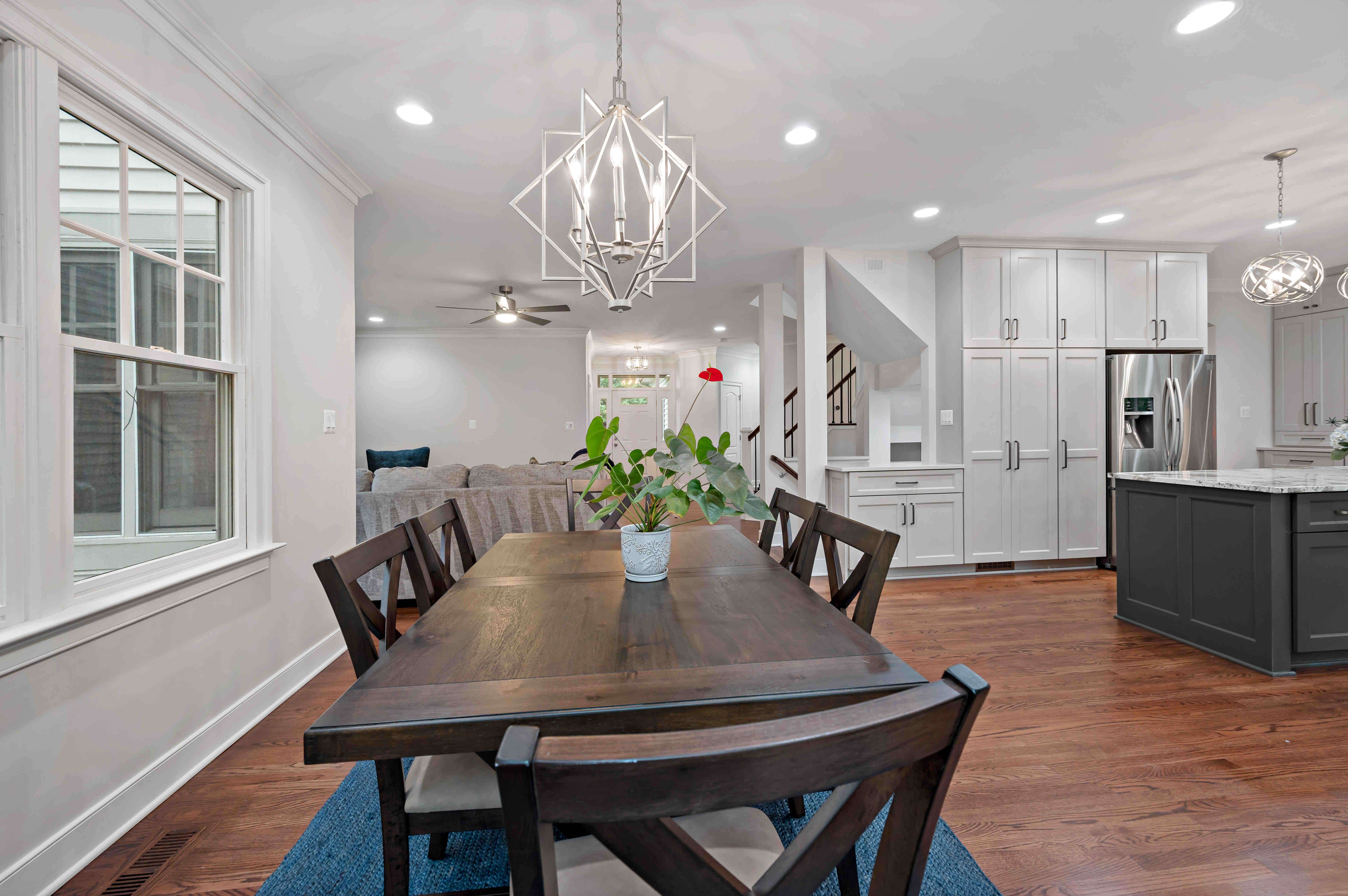Kitchen table with chandelier above