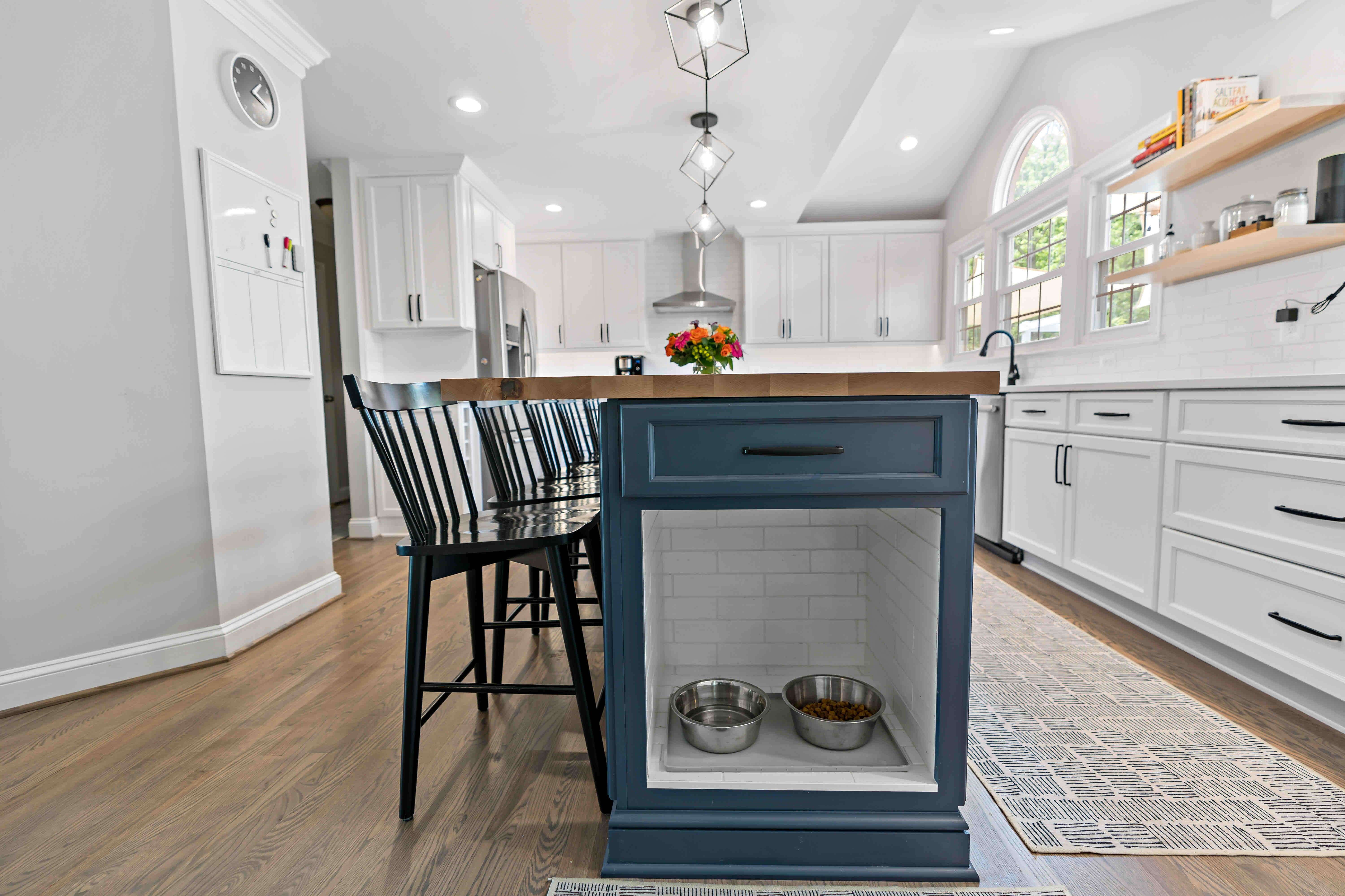 Dog bowl station nook in kitchen island