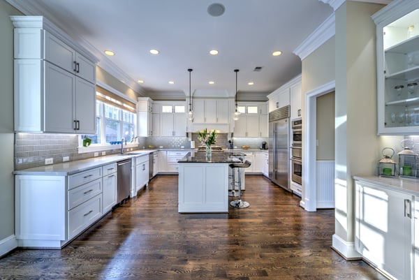 White Kitchen Cabinets in Open Kitchen with Island