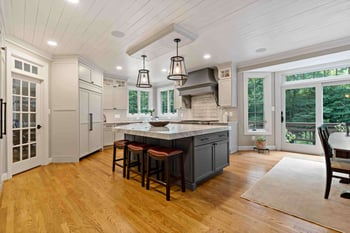 Farmhouse kitchen design with shiplap ceiling