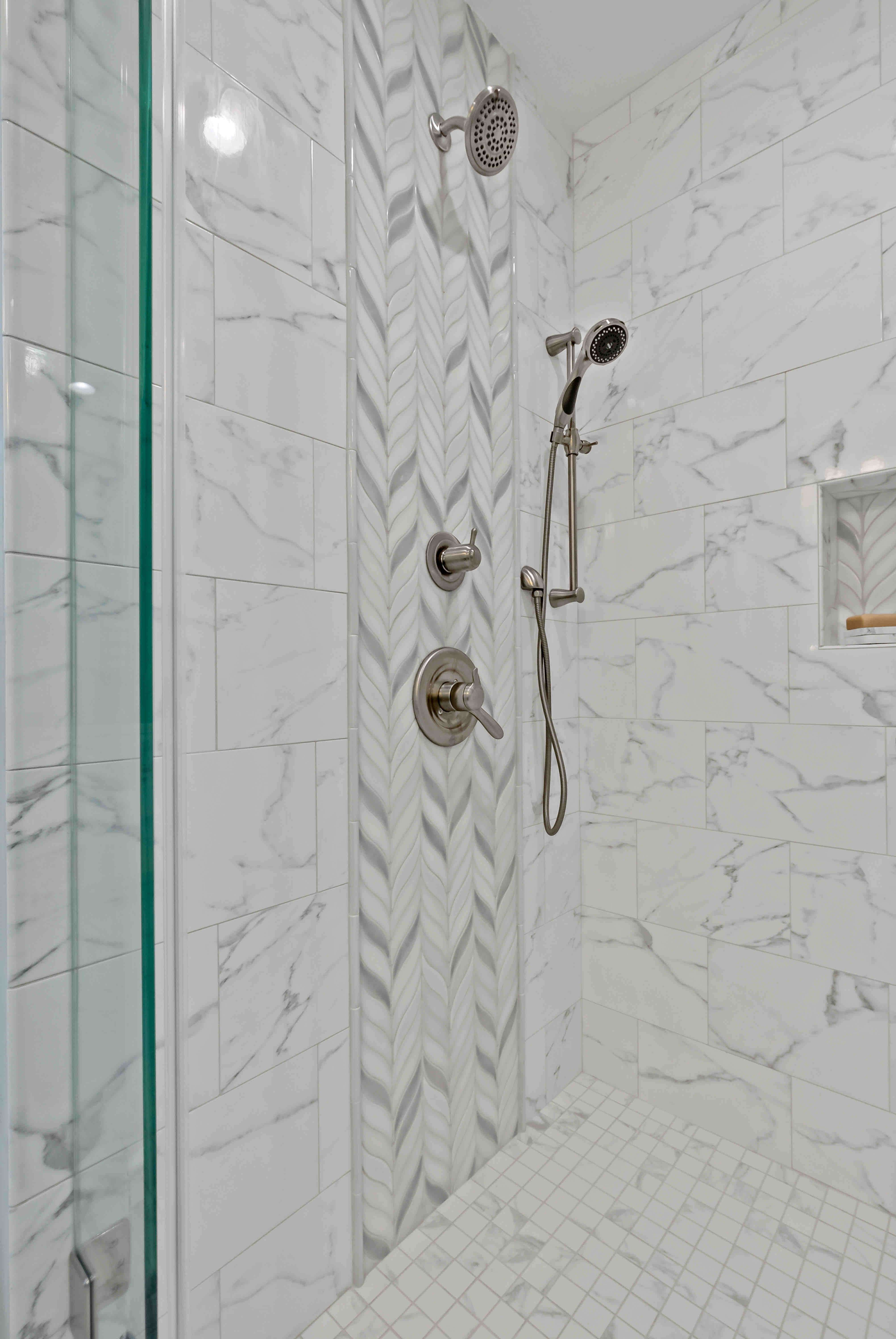 White with black marble design in bathroom shower