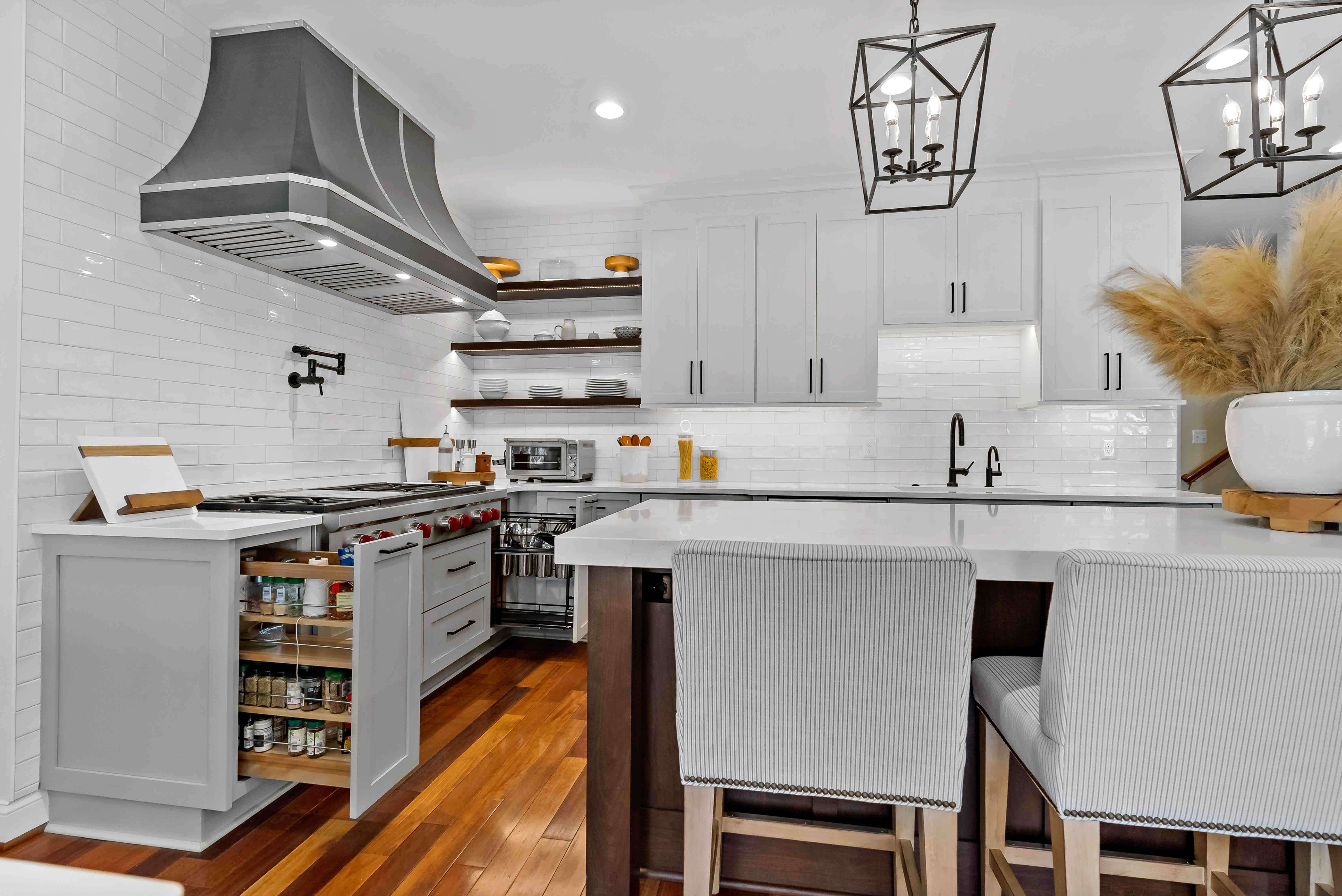 Bloating shelves and brown base of kitchen island