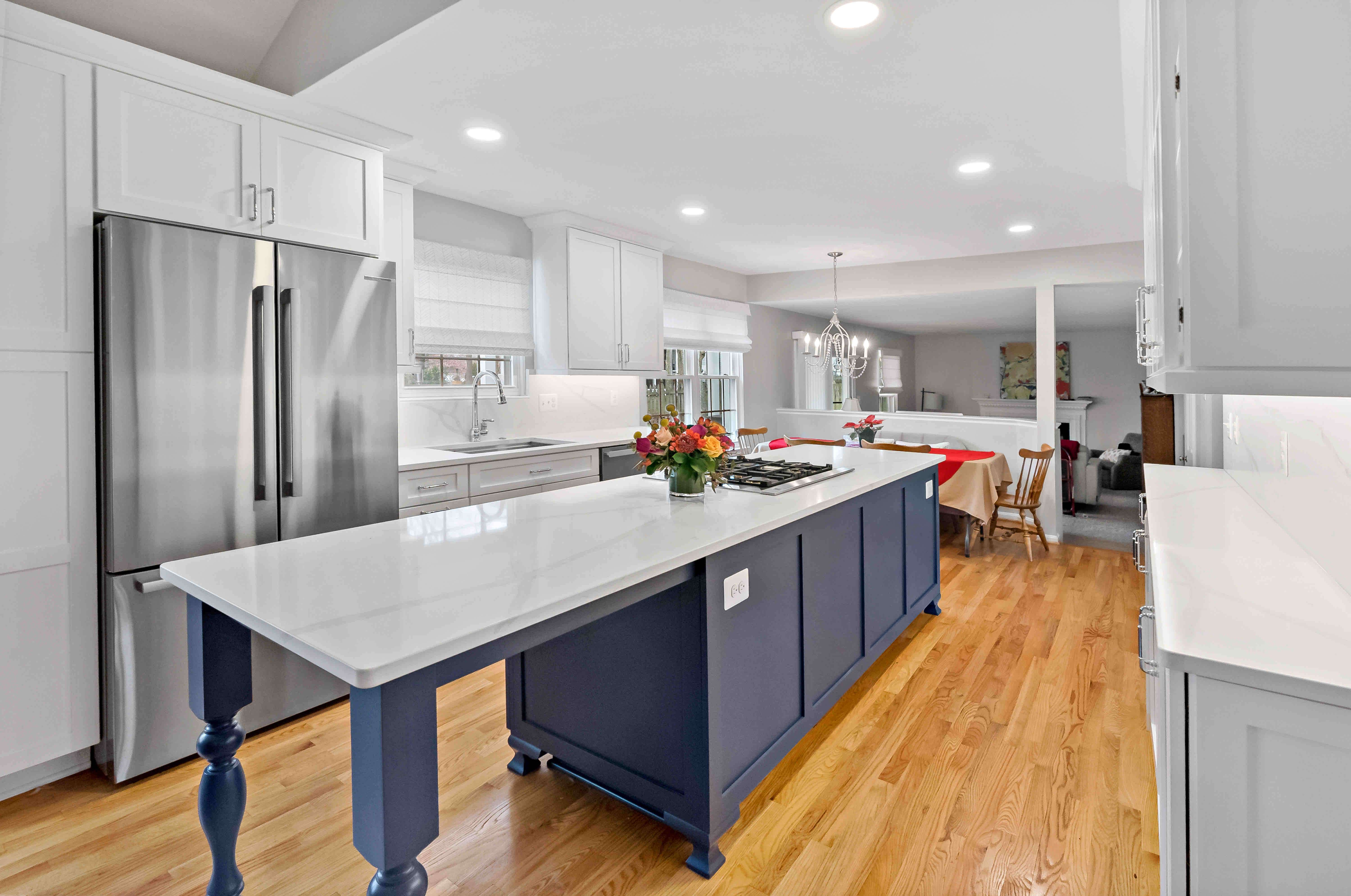 Blue kitchen island with legs