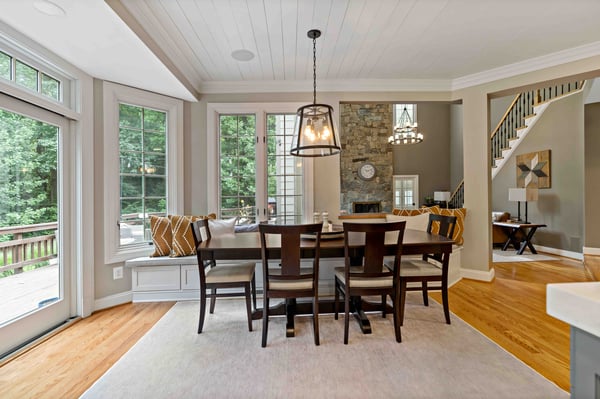 Farmhouse style kitchen table by large windows for scenic view