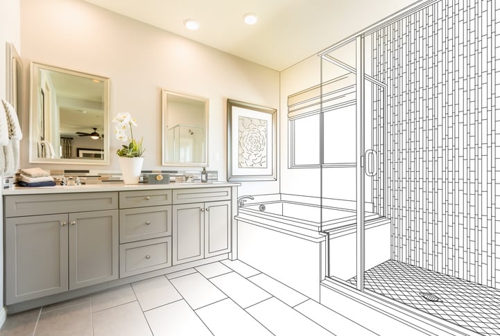 Designs showing sketches and real renderings of a remodeled bathroom
