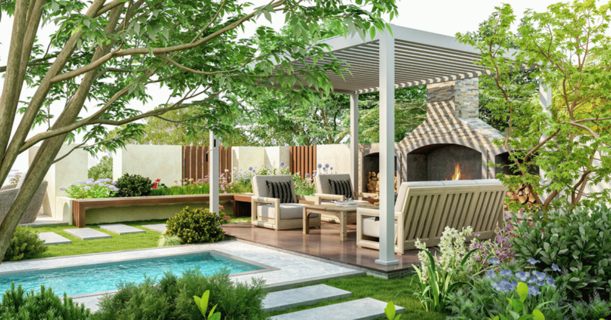 Stunning outdoor space with pergola, outdoor fit pit, comfortable seating, mature landscaping, and a pool